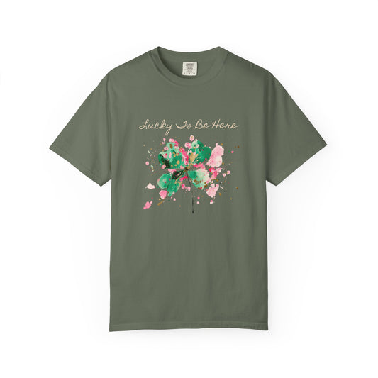 St. Patrick's Day, Lucky To Be Here T-Shirt - Floral Four-Leaf Clover Graphic