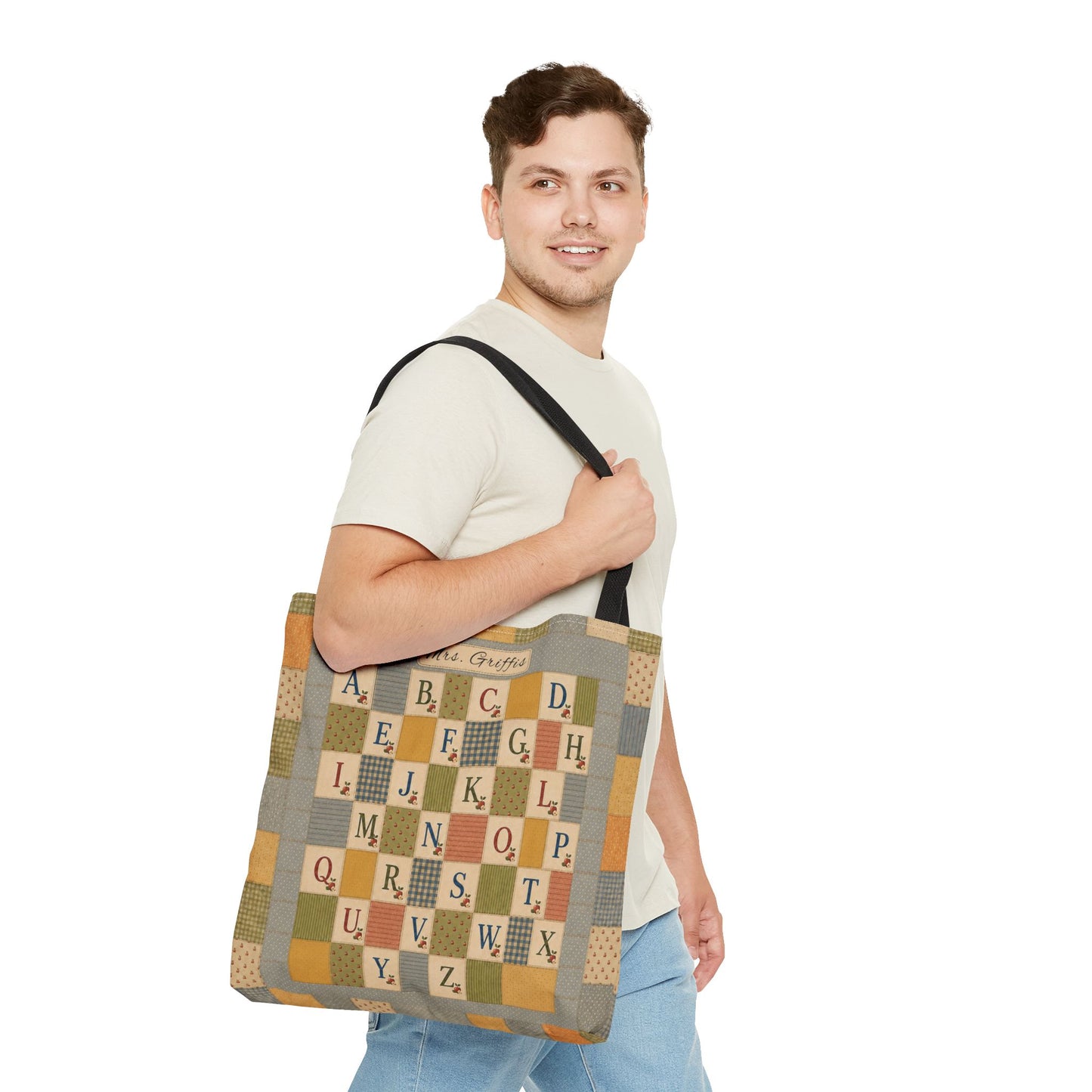 Personalized Teacher Tote Bag, Custom Name Alphabet Quilt Bag, Vintage ABC School Bag, Teacher Gift, Back to School Tote