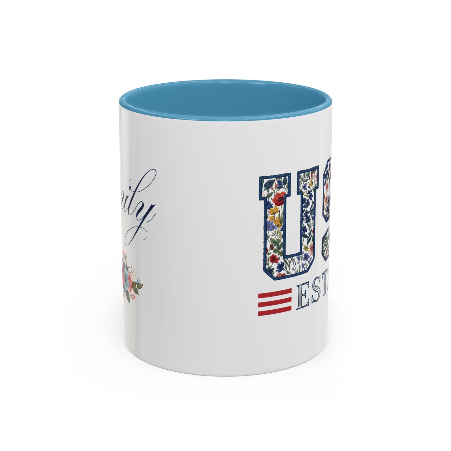 Personalized Patriotic Mug, Custom Name Ceramic Coffee Cup, USA Floral Accent Mug, Fourth of July Hostess Gift, 11oz 15oz