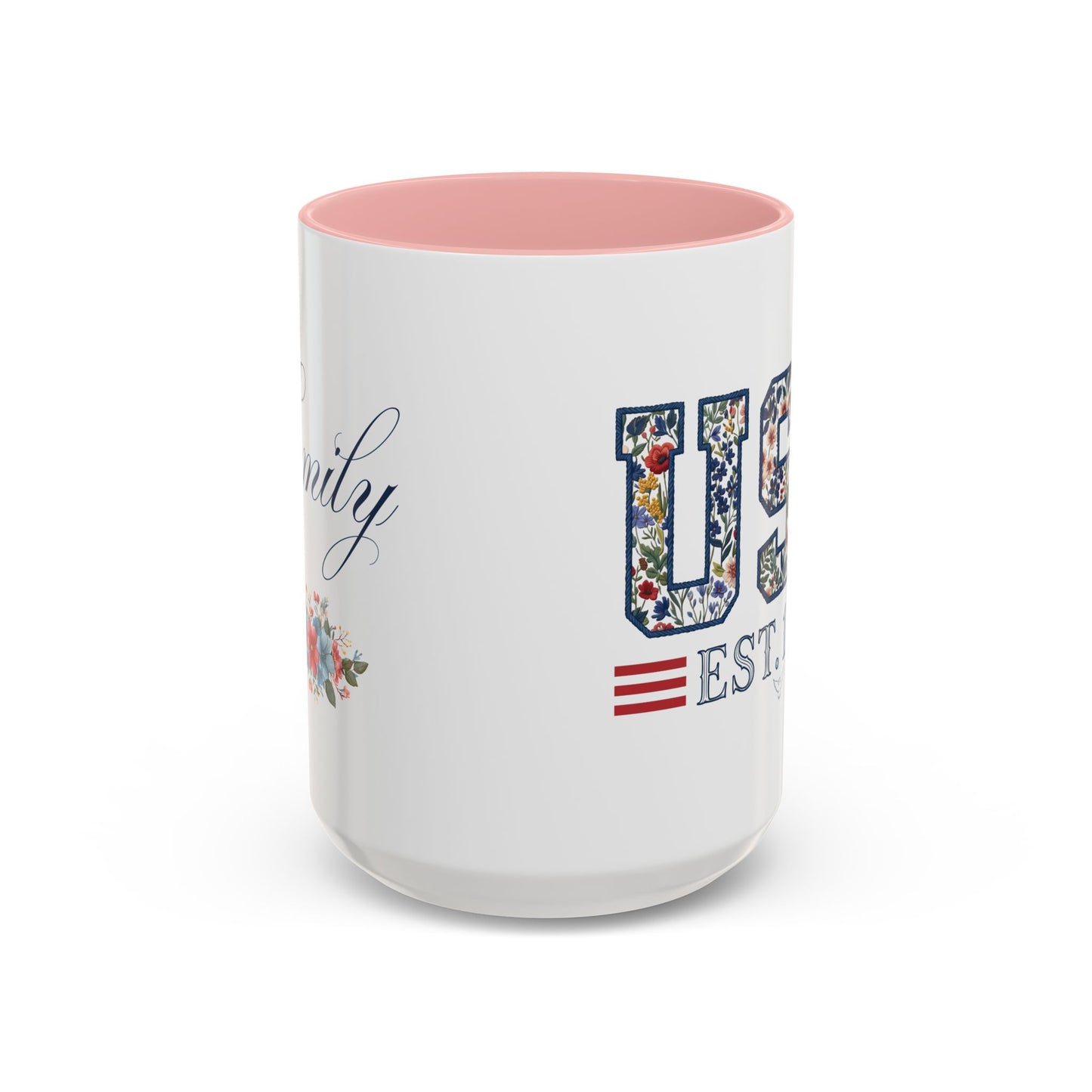 Personalized Patriotic Mug, Custom Name Ceramic Coffee Cup, USA Floral Accent Mug, Fourth of July Hostess Gift, 11oz 15oz
