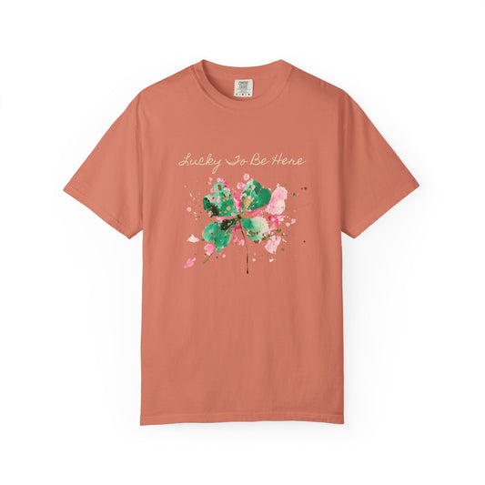 St. Patrick's Day, Lucky To Be Here T-Shirt - Floral Four-Leaf Clover Graphic
