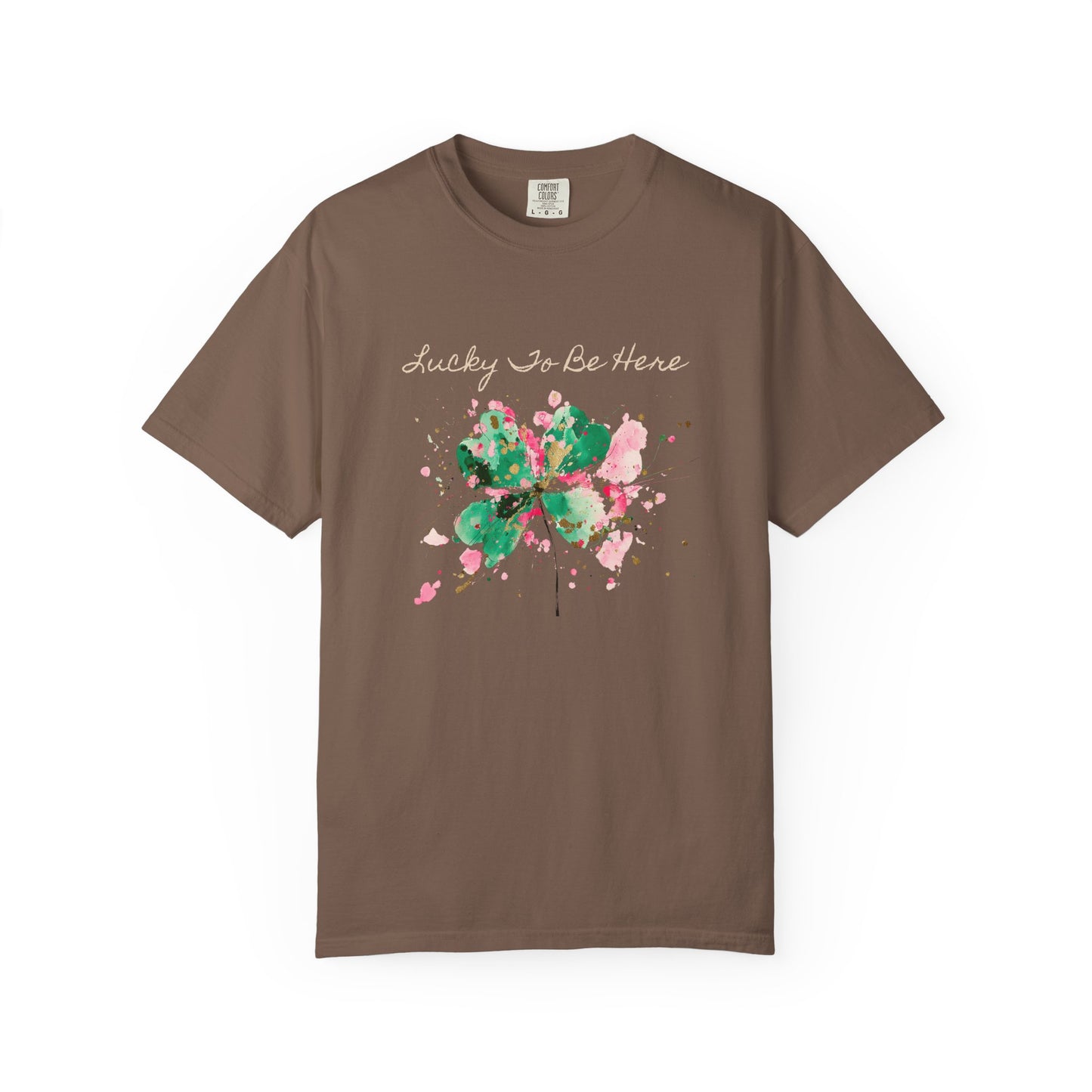 St. Patrick's Day, Lucky To Be Here T-Shirt - Floral Four-Leaf Clover Graphic