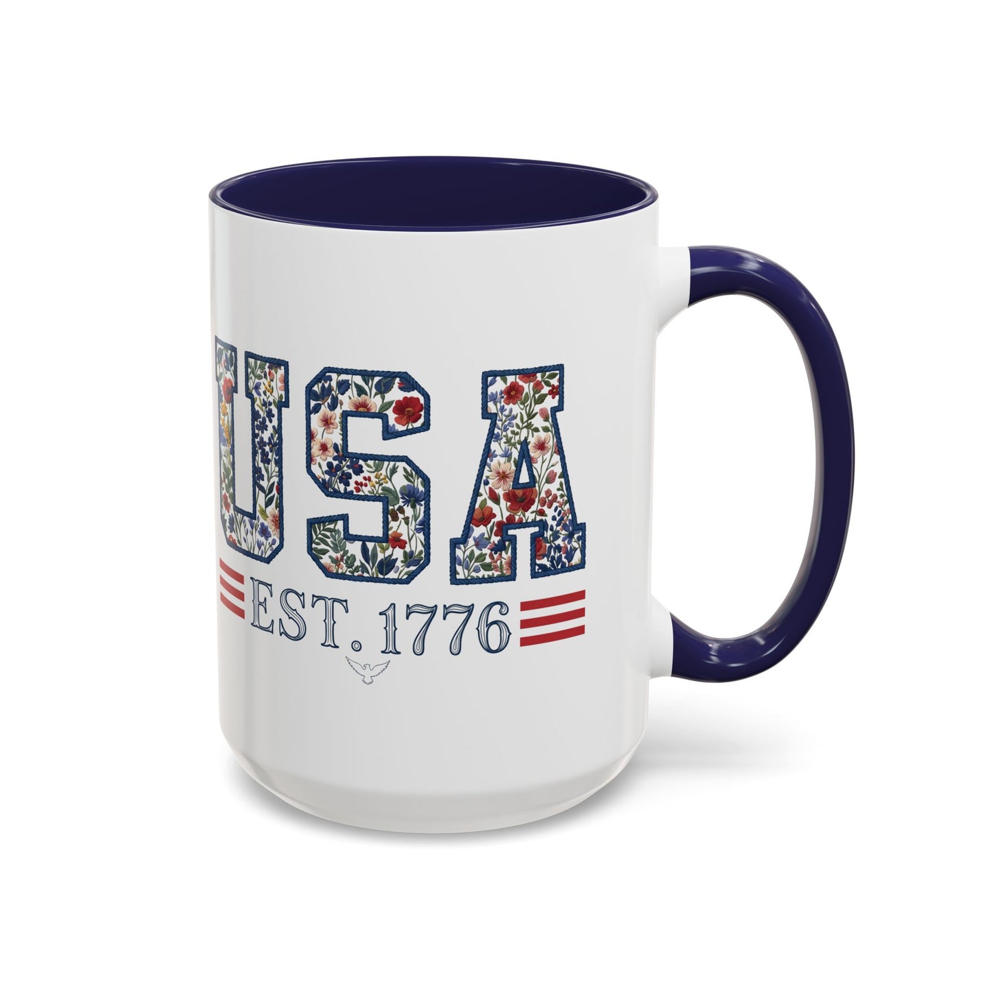 Personalized Patriotic Mug, Custom Name Ceramic Coffee Cup, USA Floral Accent Mug, Fourth of July Hostess Gift, 11oz 15oz
