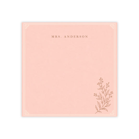 Personalized Teacher Post-it Notes, Blush Pink Minimalist Custom Name Sticky Notes 3x3, Elegant Botanical Teacher Gift, Desk Notepad, Mrs Ms