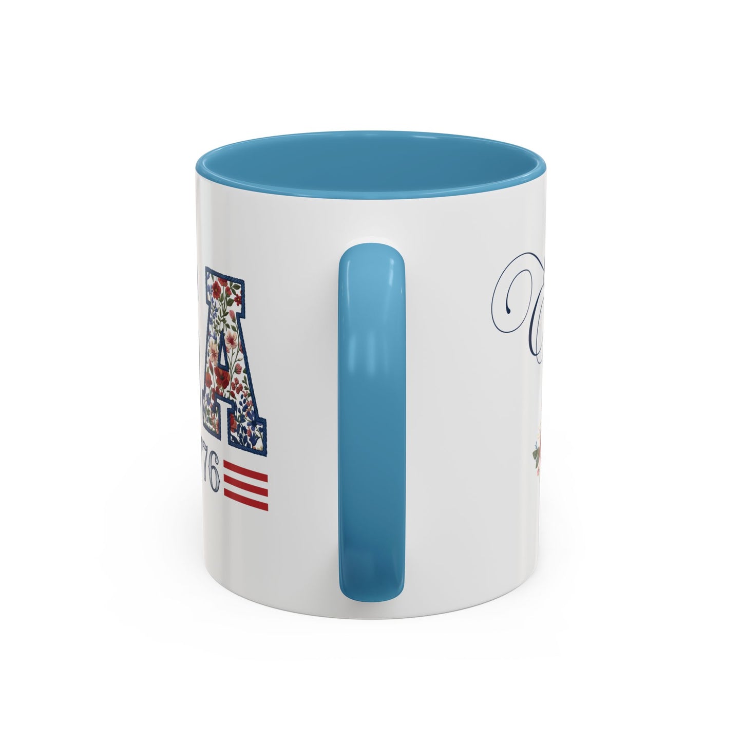 Personalized Patriotic Mug, Custom Name Ceramic Coffee Cup, USA Floral Accent Mug, Fourth of July Hostess Gift, 11oz 15oz