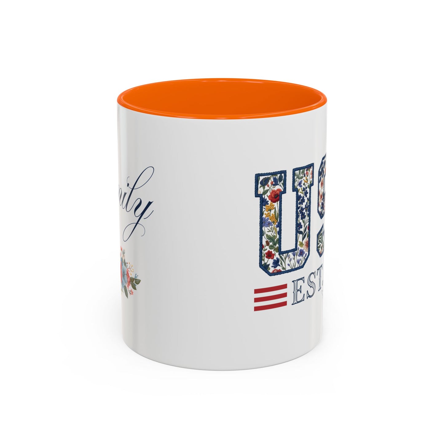 Personalized Patriotic Mug, Custom Name Ceramic Coffee Cup, USA Floral Accent Mug, Fourth of July Hostess Gift, 11oz 15oz