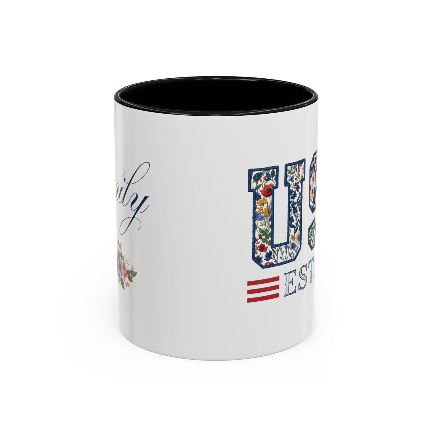 Personalized Patriotic Mug, Custom Name Ceramic Coffee Cup, USA Floral Accent Mug, Fourth of July Hostess Gift, 11oz 15oz