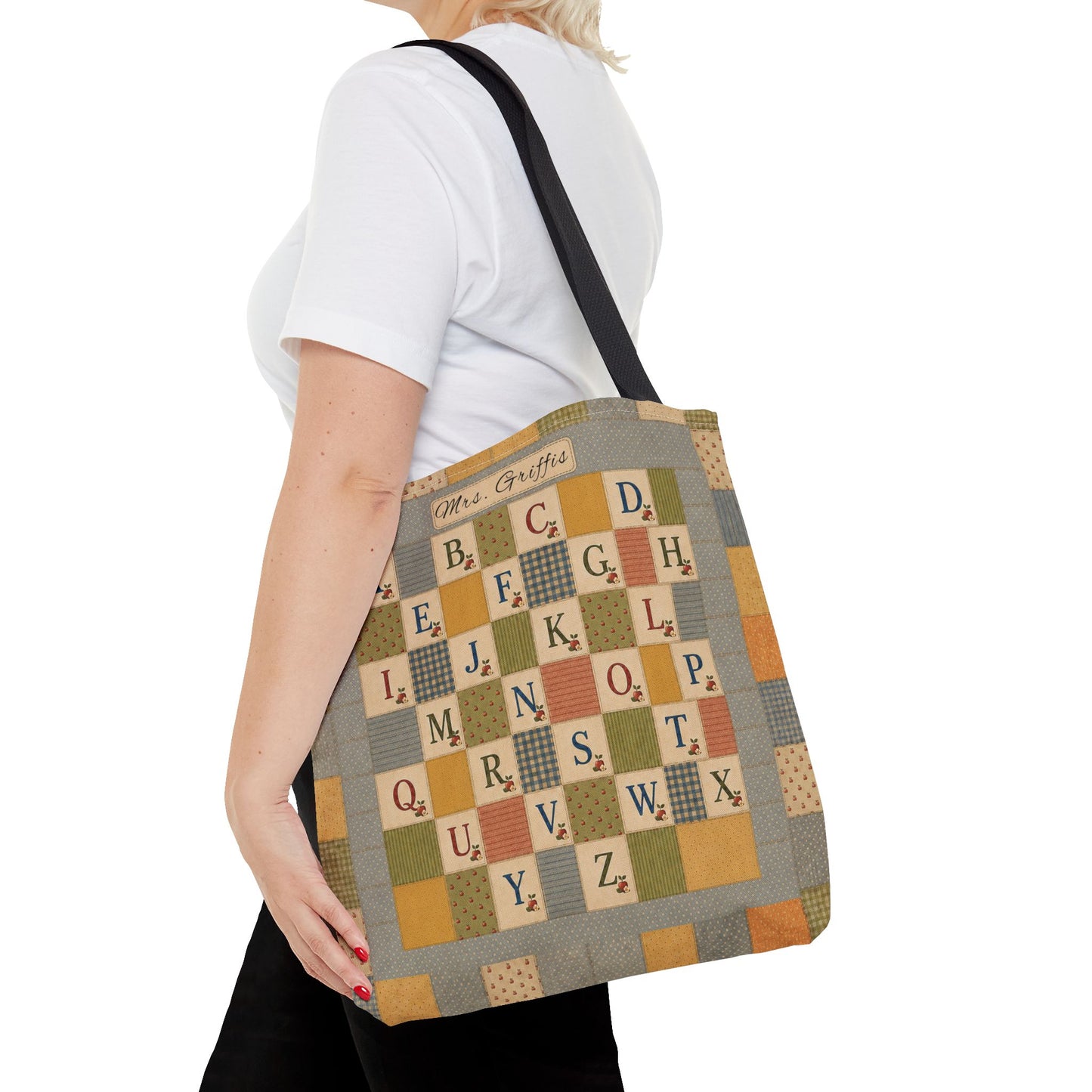 Personalized Teacher Tote Bag, Custom Name Alphabet Quilt Bag, Vintage ABC School Bag, Teacher Gift, Back to School Tote