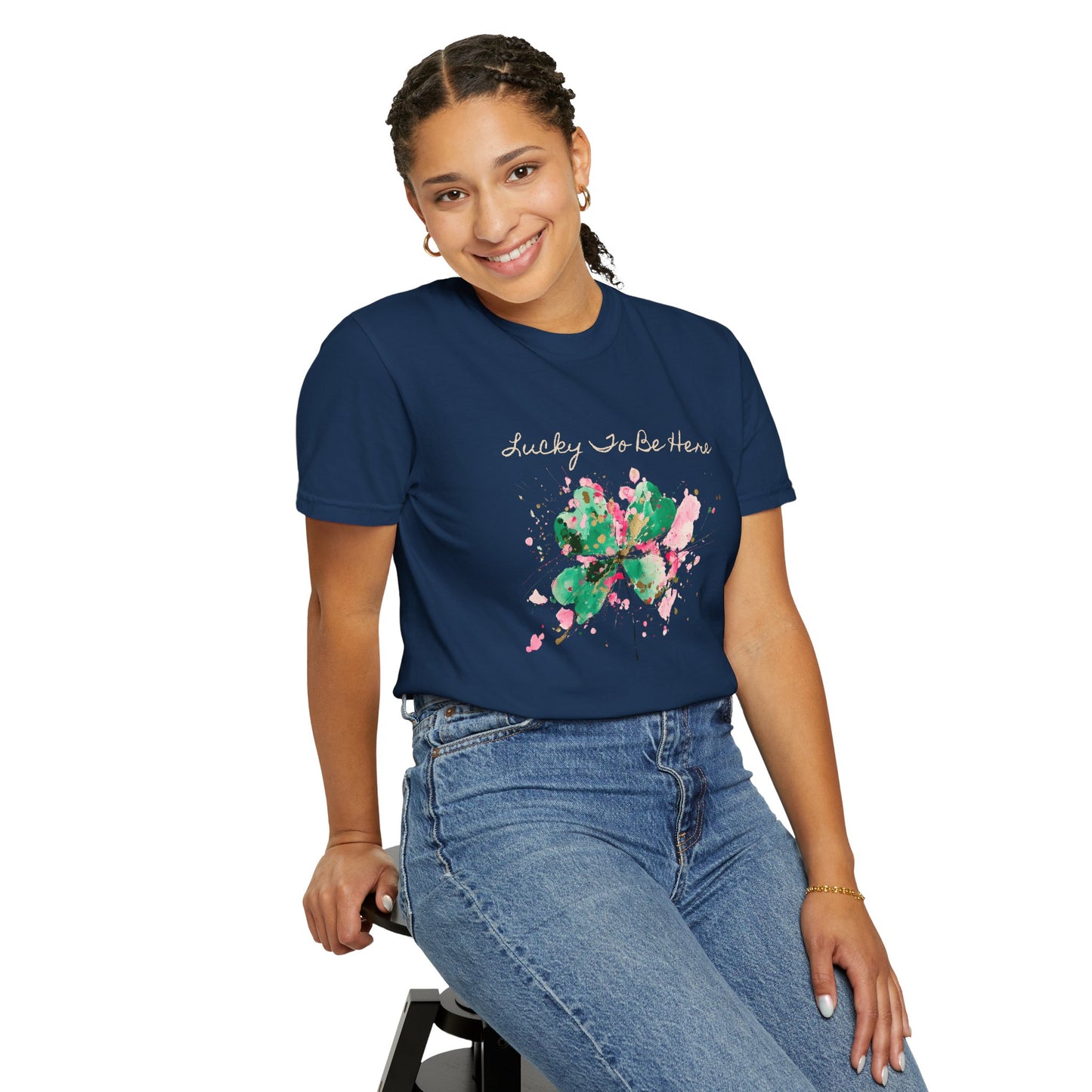 St. Patrick's Day, Lucky To Be Here T-Shirt - Floral Four-Leaf Clover Graphic