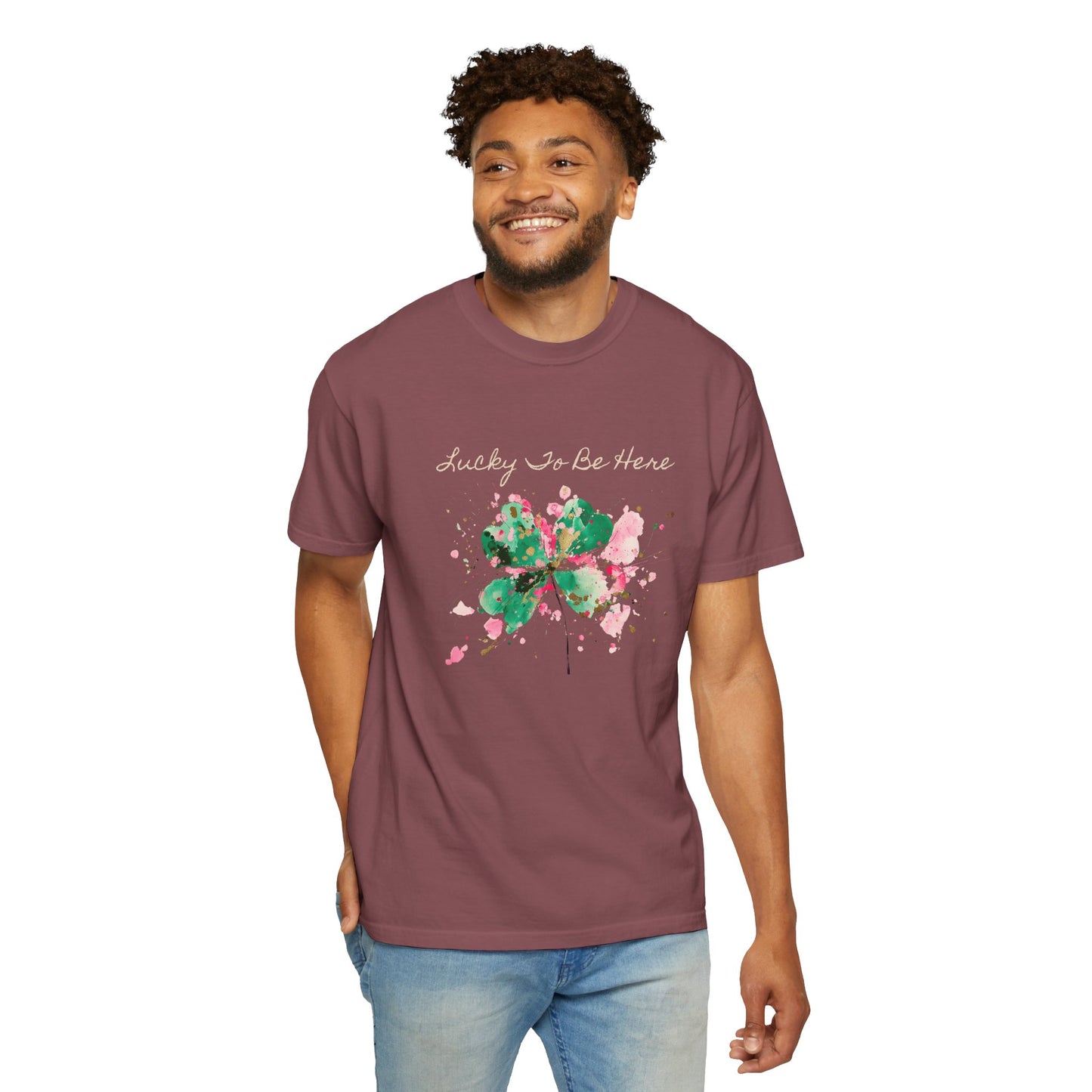 St. Patrick's Day, Lucky To Be Here T-Shirt - Floral Four-Leaf Clover Graphic