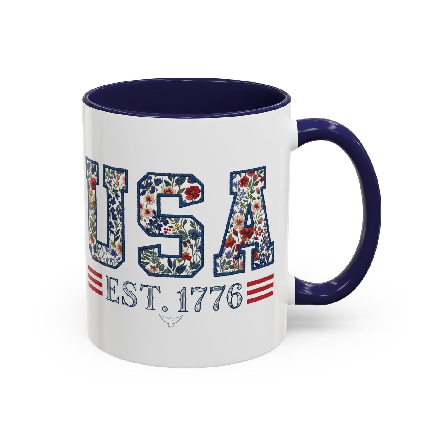 Personalized Patriotic Mug, Custom Name Ceramic Coffee Cup, USA Floral Accent Mug, Fourth of July Hostess Gift, 11oz 15oz