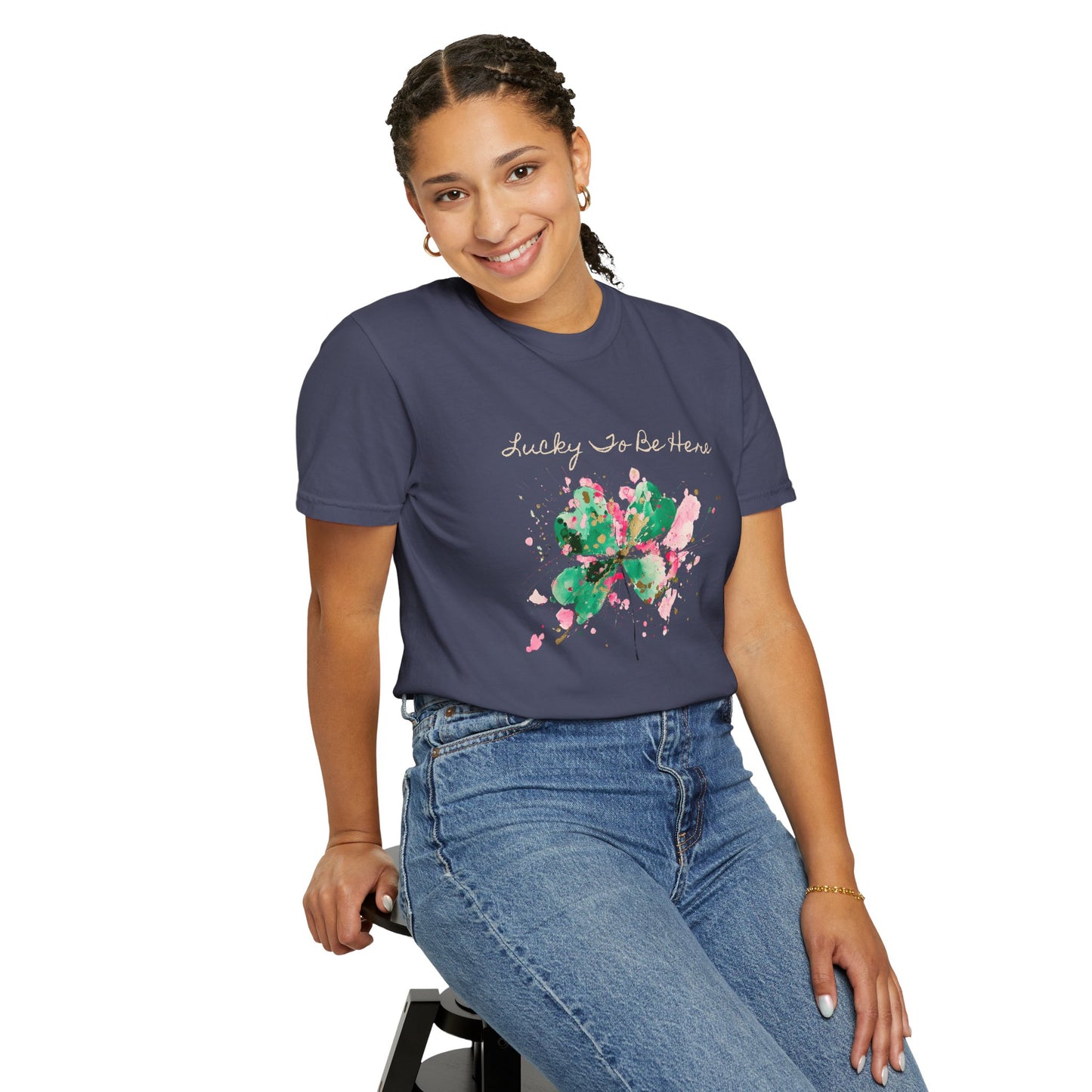 St. Patrick's Day, Lucky To Be Here T-Shirt - Floral Four-Leaf Clover Graphic