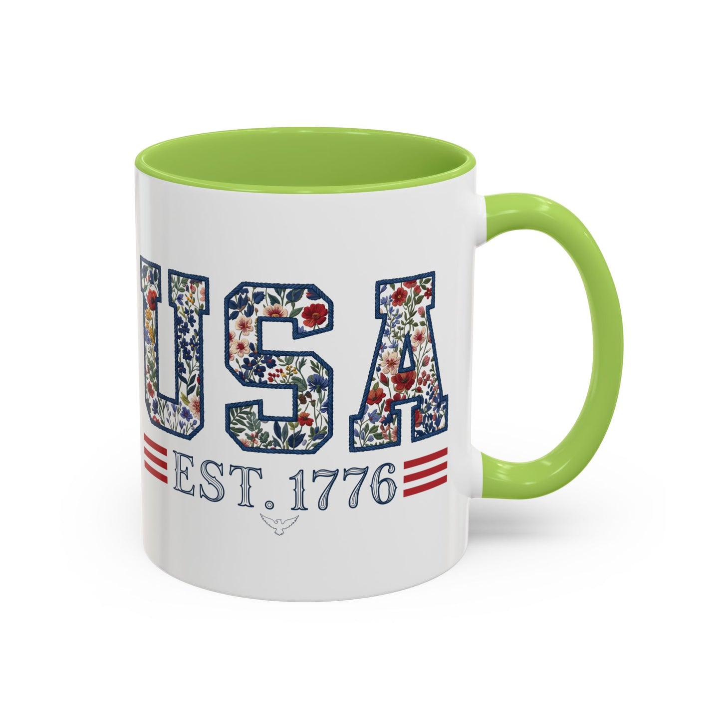 Personalized Patriotic Mug, Custom Name Ceramic Coffee Cup, USA Floral Accent Mug, Fourth of July Hostess Gift, 11oz 15oz