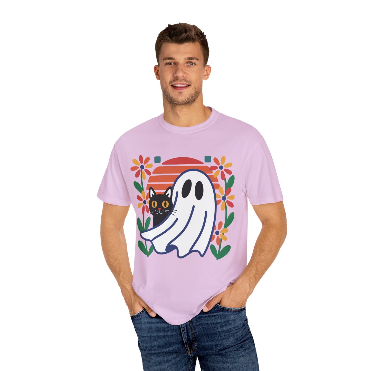 Retro Ghost & Cat Halloween T-shirt | Comfort Colors® Fall Tee