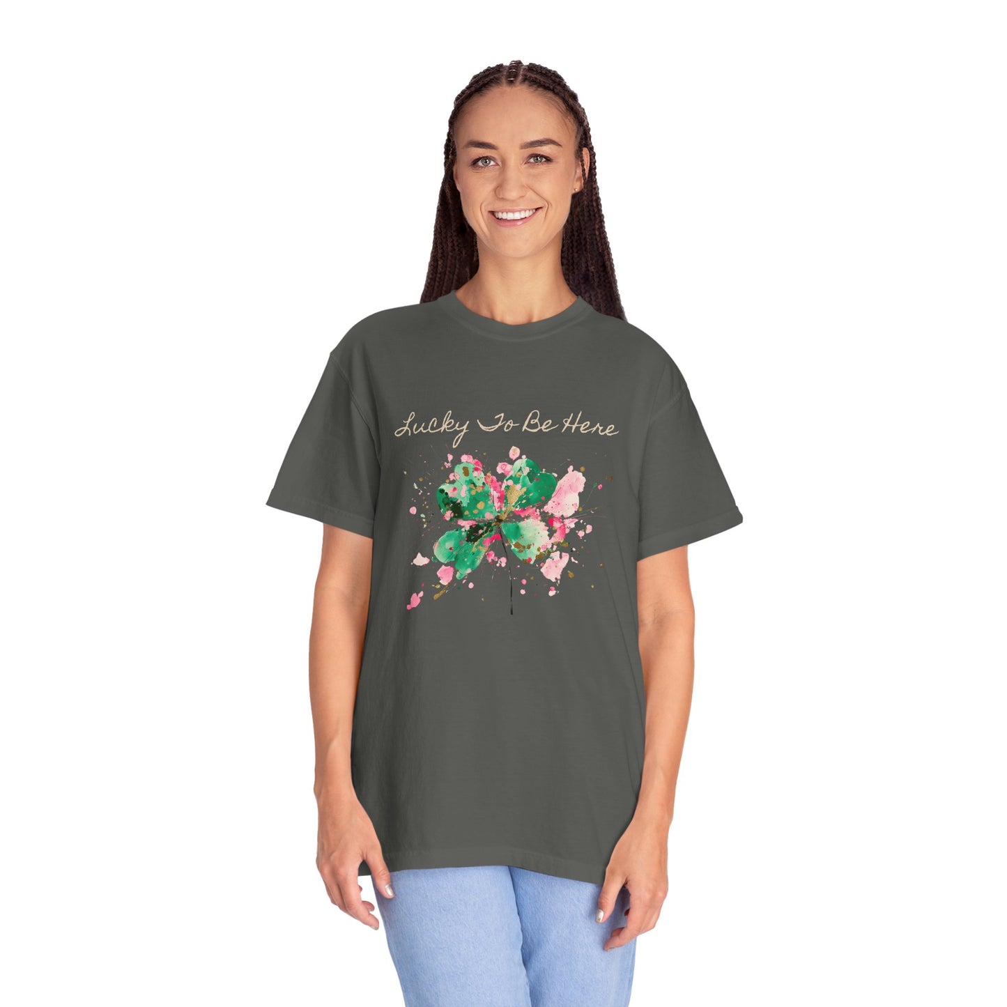 St. Patrick's Day, Lucky To Be Here T-Shirt - Floral Four-Leaf Clover Graphic