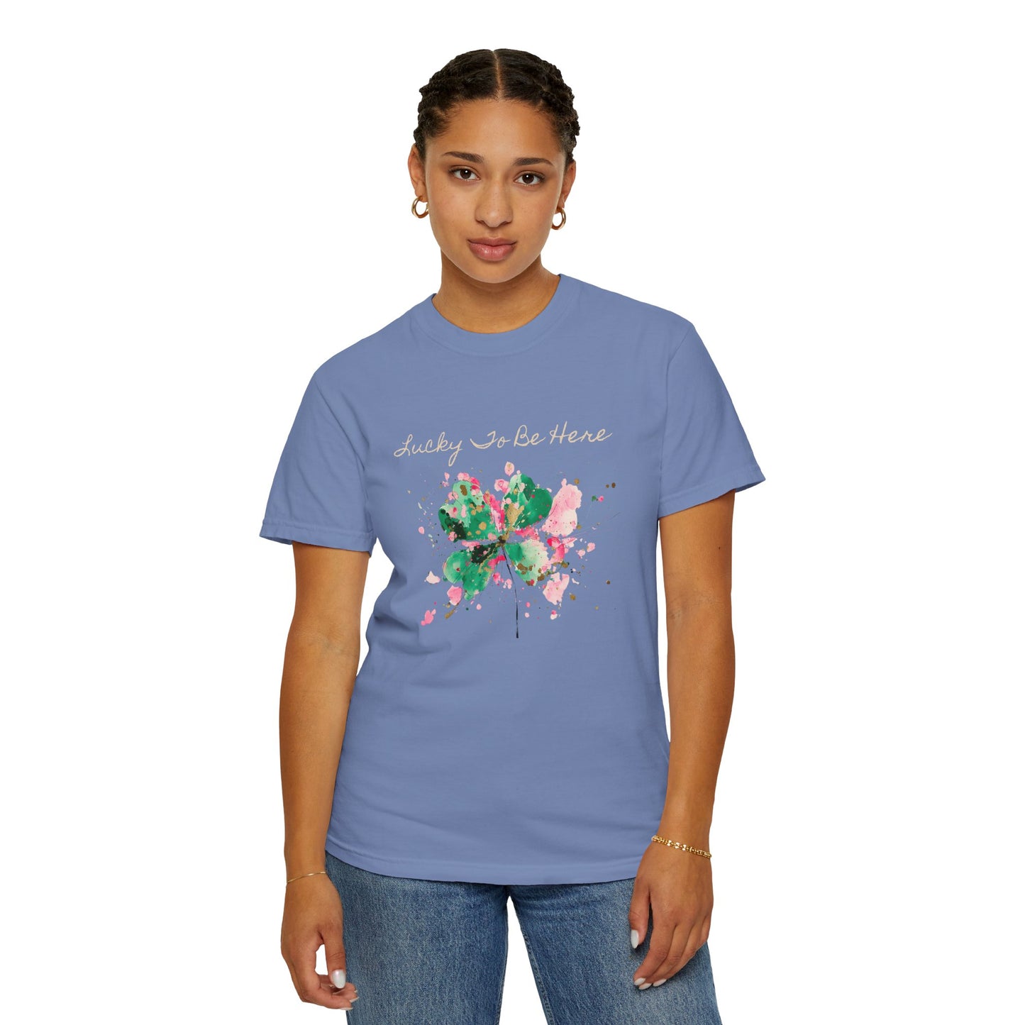 St. Patrick's Day, Lucky To Be Here T-Shirt - Floral Four-Leaf Clover Graphic