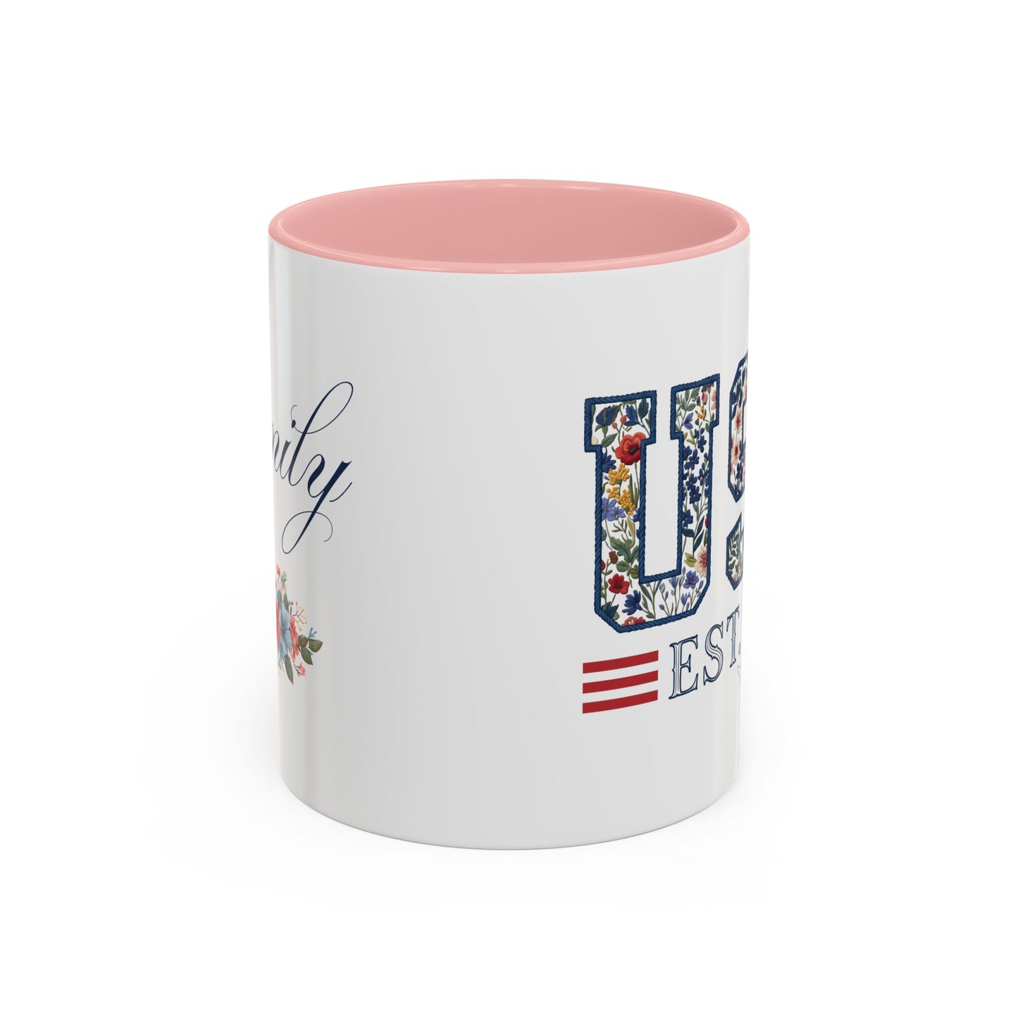 Personalized Patriotic Mug, Custom Name Ceramic Coffee Cup, USA Floral Accent Mug, Fourth of July Hostess Gift, 11oz 15oz