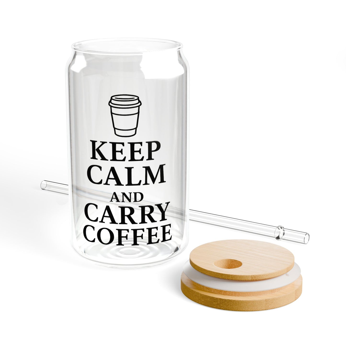 Keep Calm and Carry Coffee Glass Can | Teacher Coffee Cup with Bamboo Lid | Reusable Iced Coffee Glass | Funny Teacher Gift