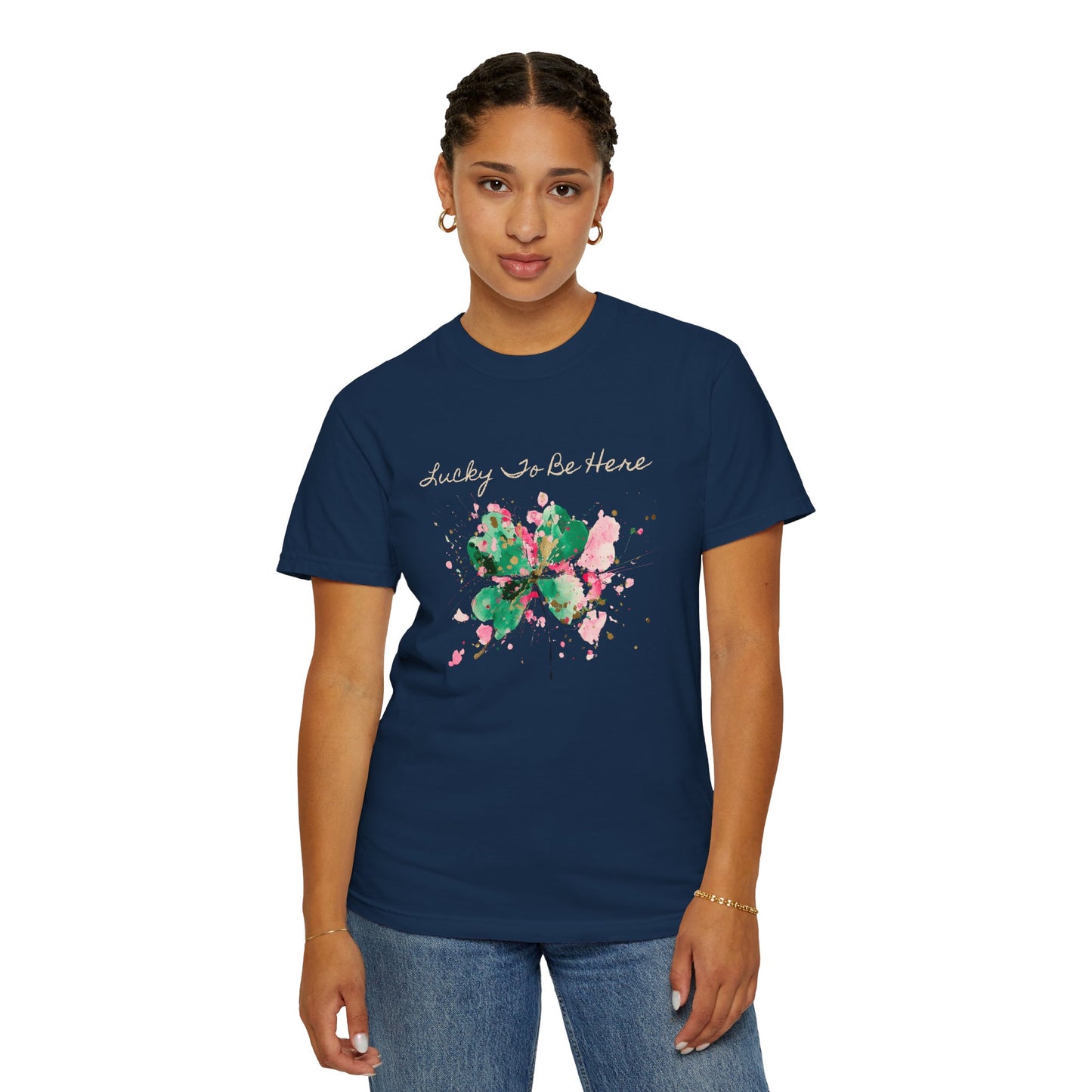 St. Patrick's Day, Lucky To Be Here T-Shirt - Floral Four-Leaf Clover Graphic