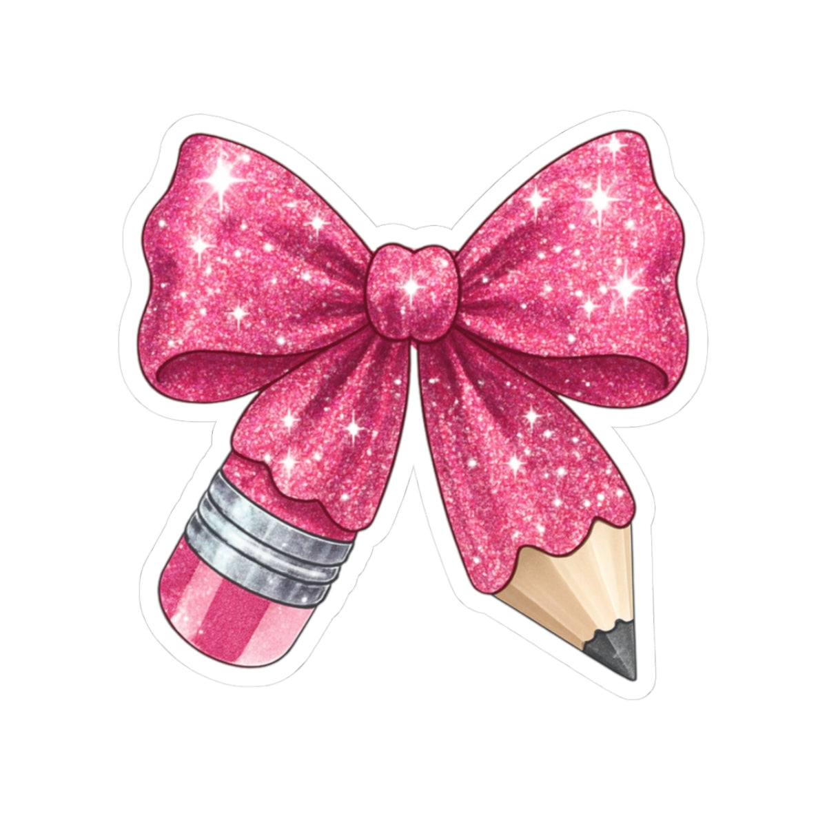 Pink Glitter Bow Pencil Sticker — Cute Kiss-Cut Laptop & Planner Decal