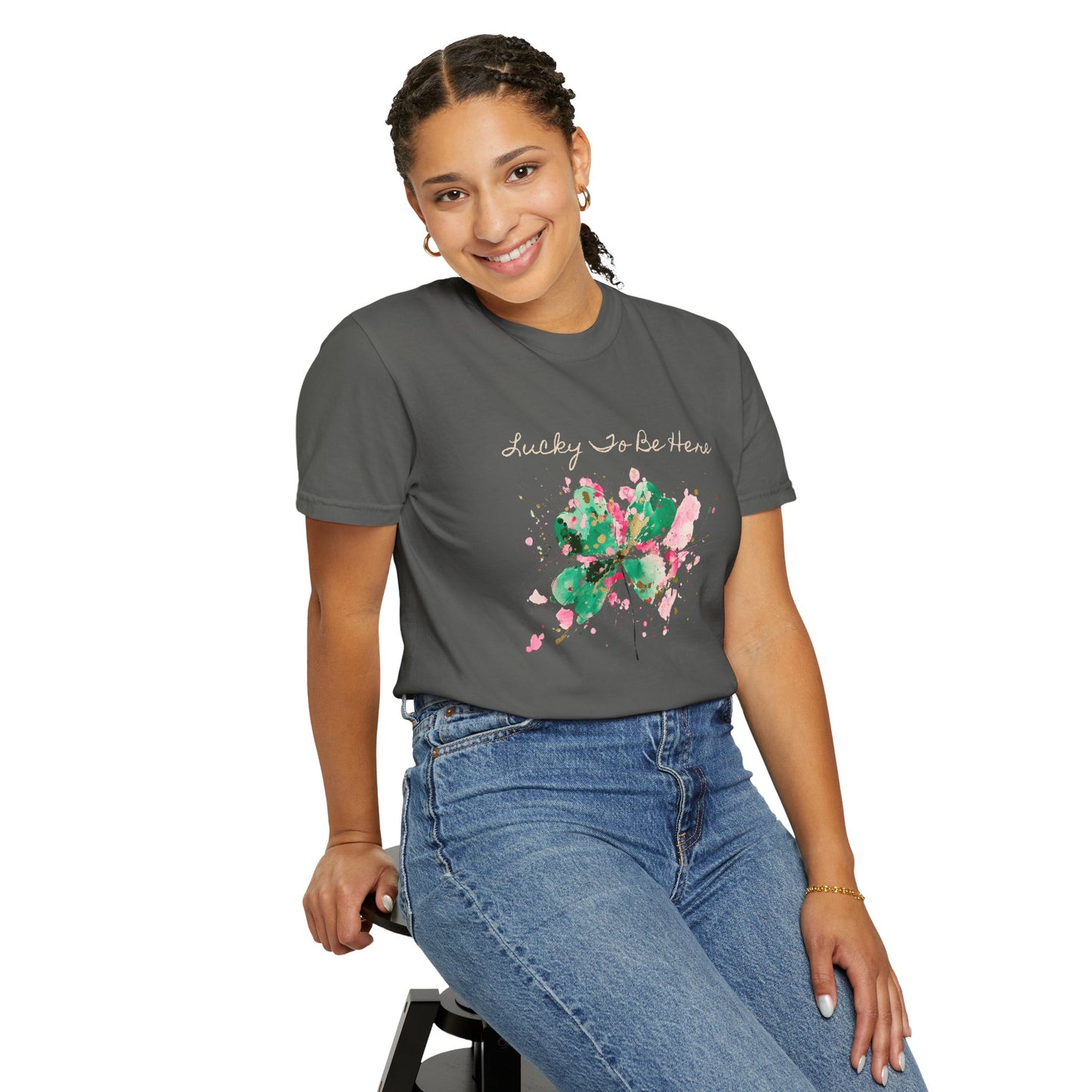 St. Patrick's Day, Lucky To Be Here T-Shirt - Floral Four-Leaf Clover Graphic