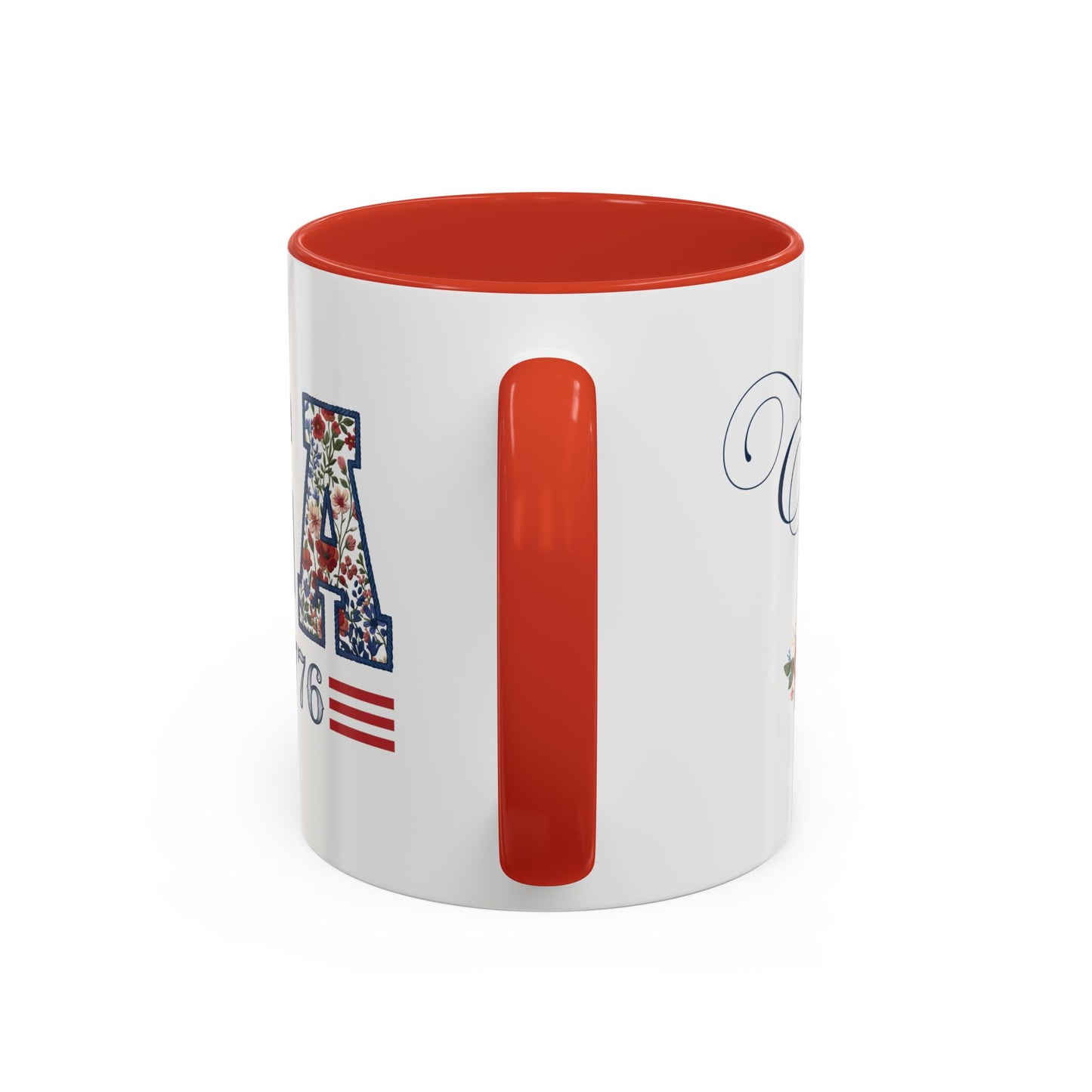 Personalized Patriotic Mug, Custom Name Ceramic Coffee Cup, USA Floral Accent Mug, Fourth of July Hostess Gift, 11oz 15oz