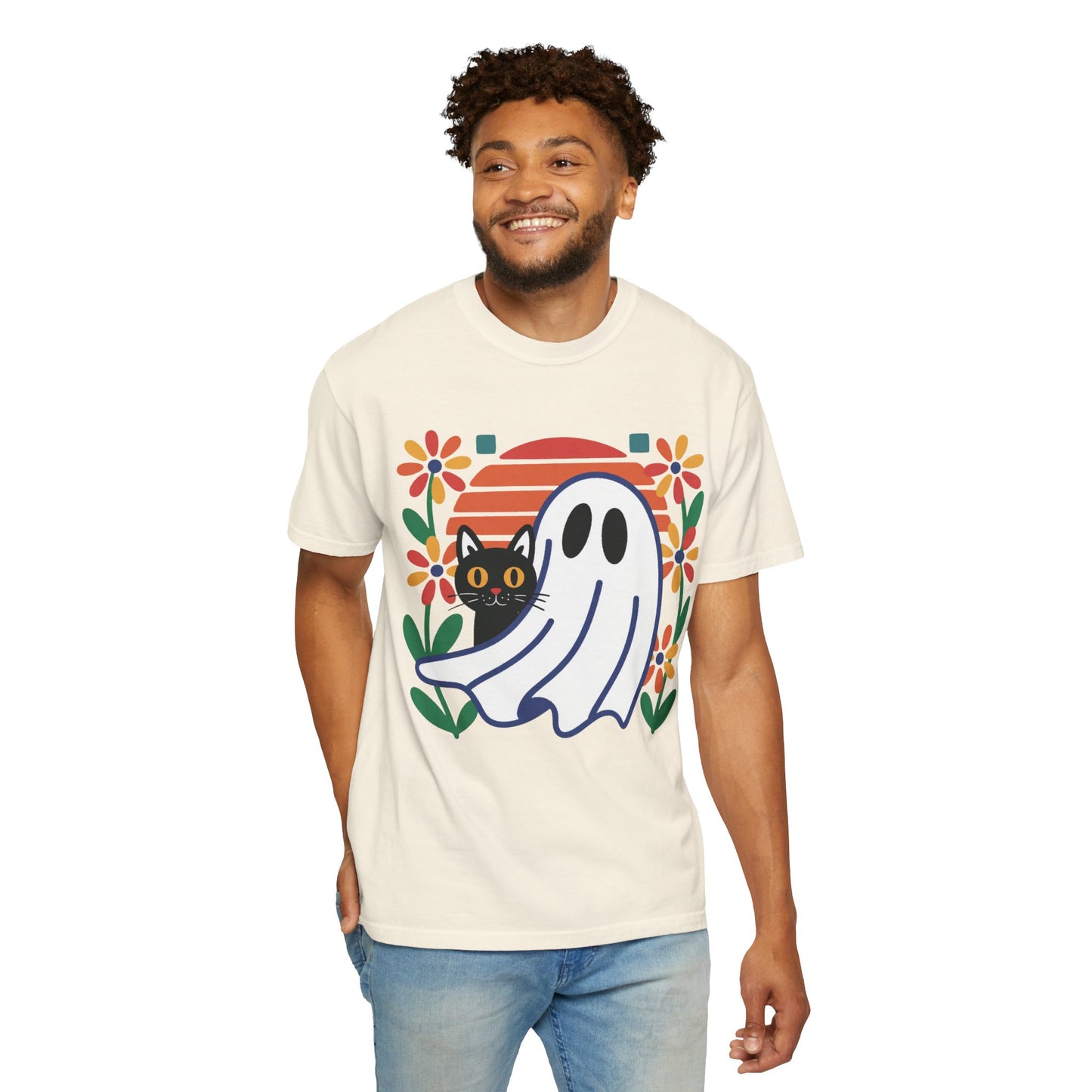 Retro Ghost & Cat Halloween T-shirt | Comfort Colors® Fall Tee