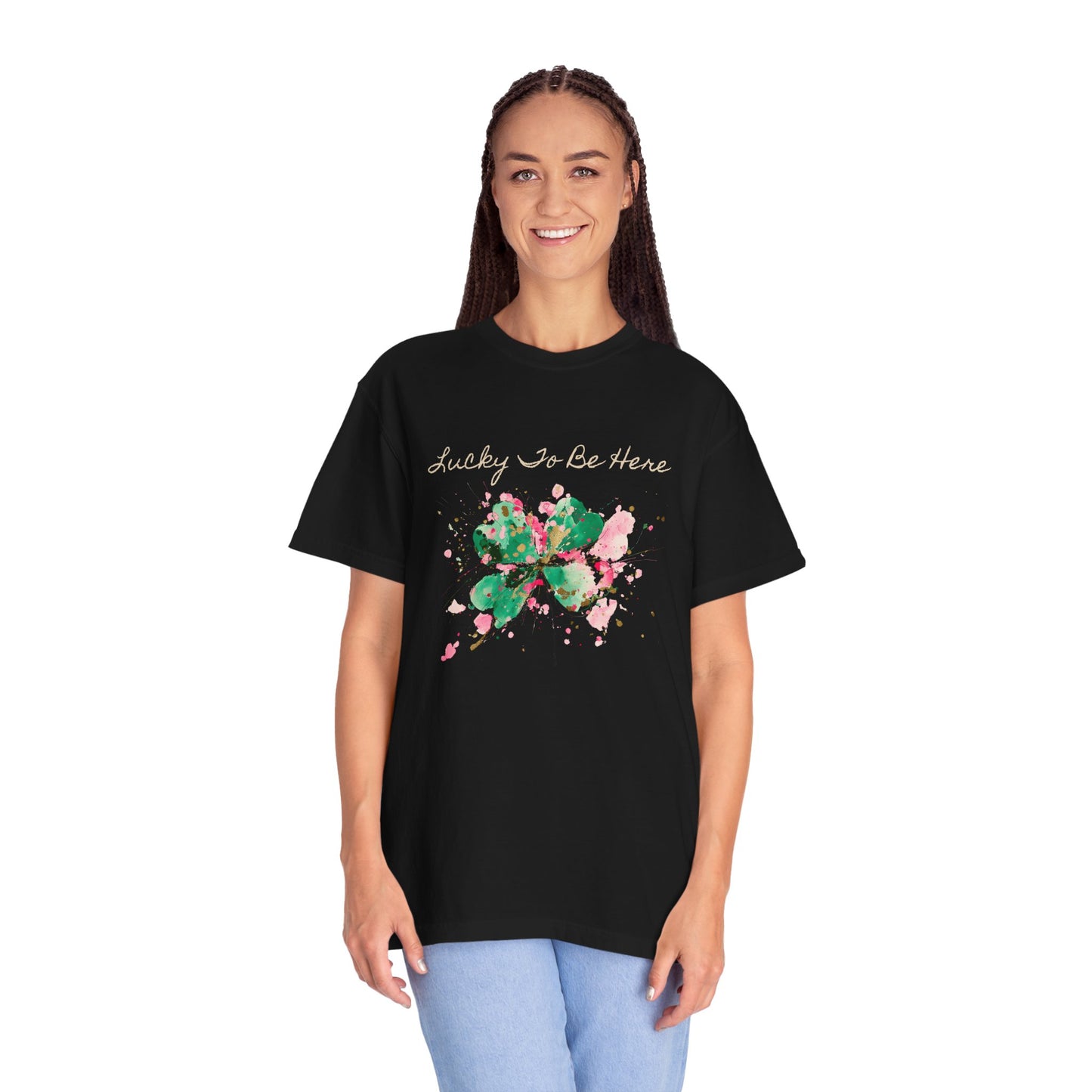 St. Patrick's Day, Lucky To Be Here T-Shirt - Floral Four-Leaf Clover Graphic