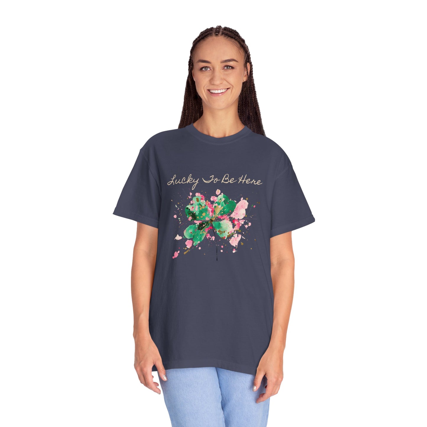 St. Patrick's Day, Lucky To Be Here T-Shirt - Floral Four-Leaf Clover Graphic