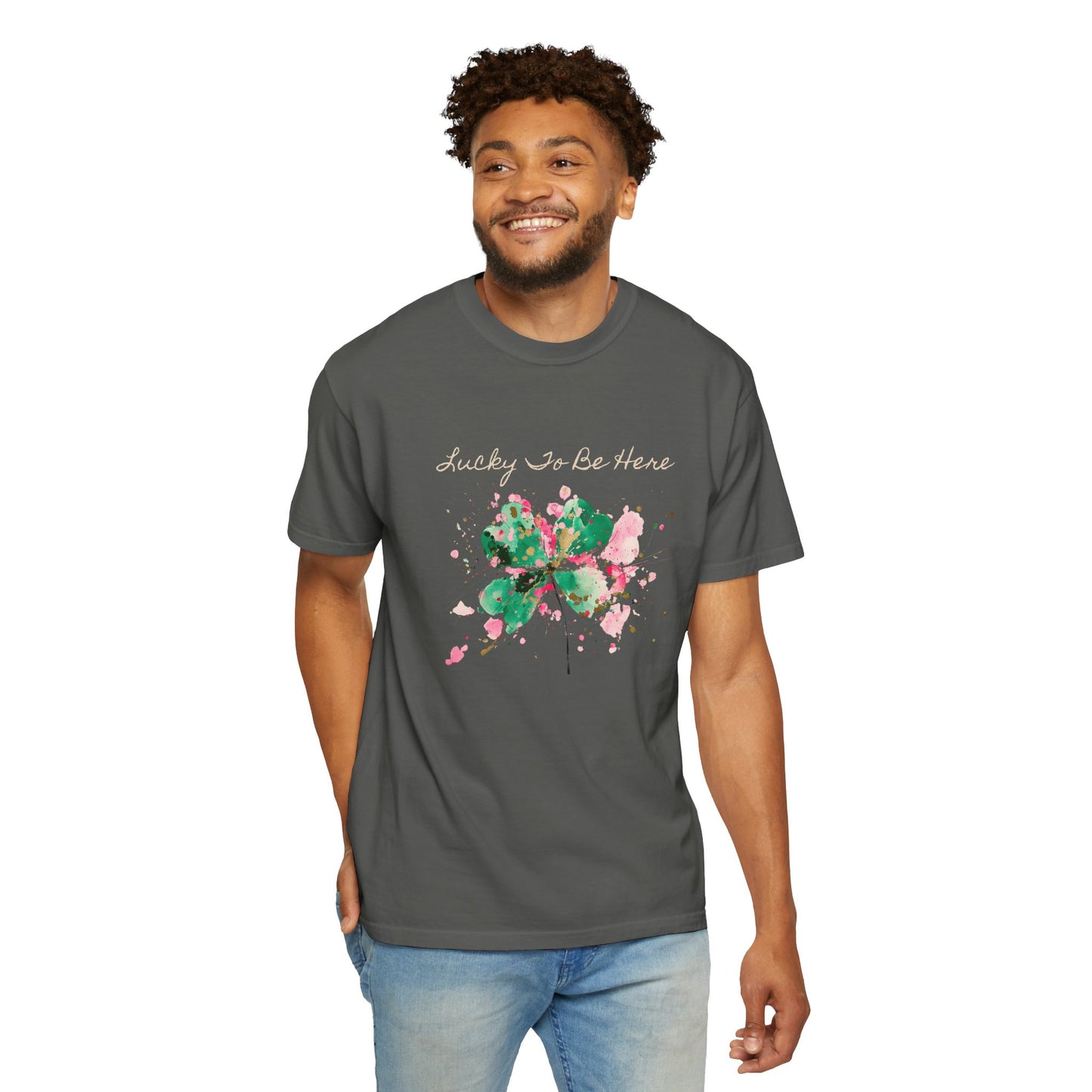 St. Patrick's Day, Lucky To Be Here T-Shirt - Floral Four-Leaf Clover Graphic