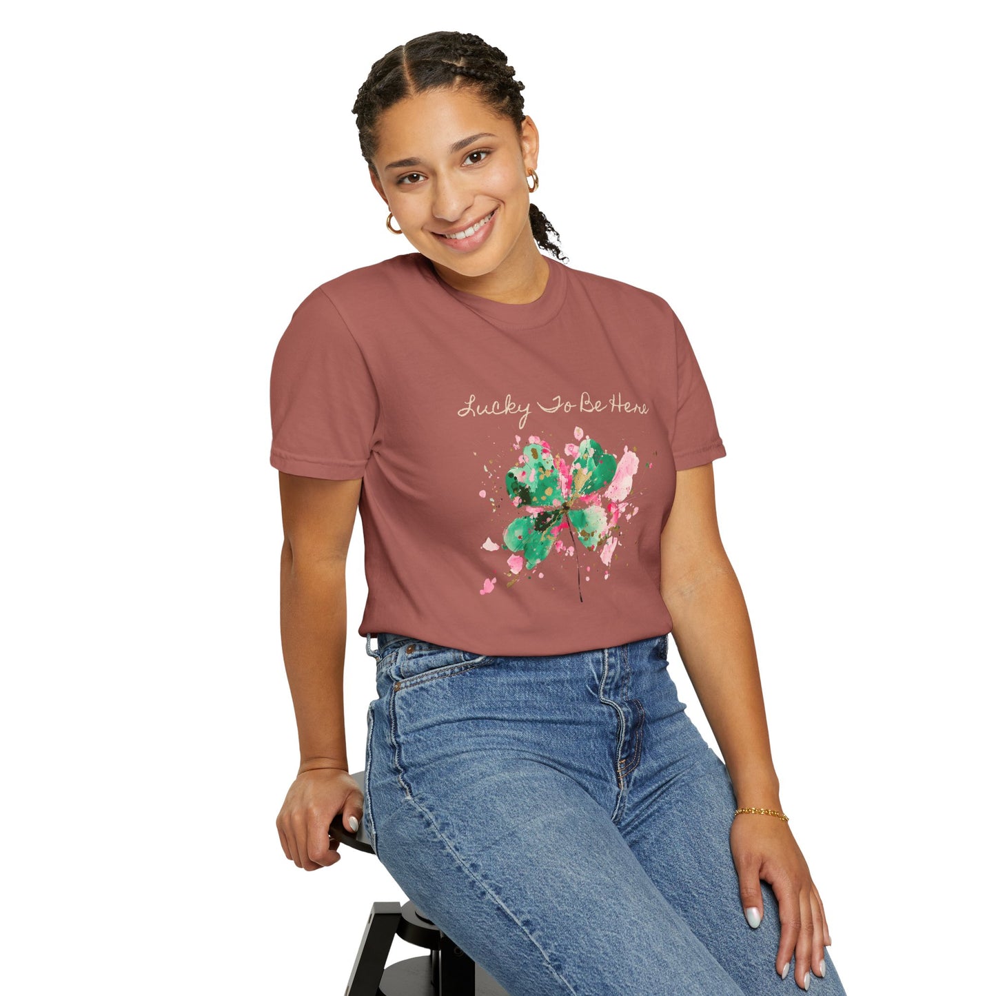 St. Patrick's Day, Lucky To Be Here T-Shirt - Floral Four-Leaf Clover Graphic