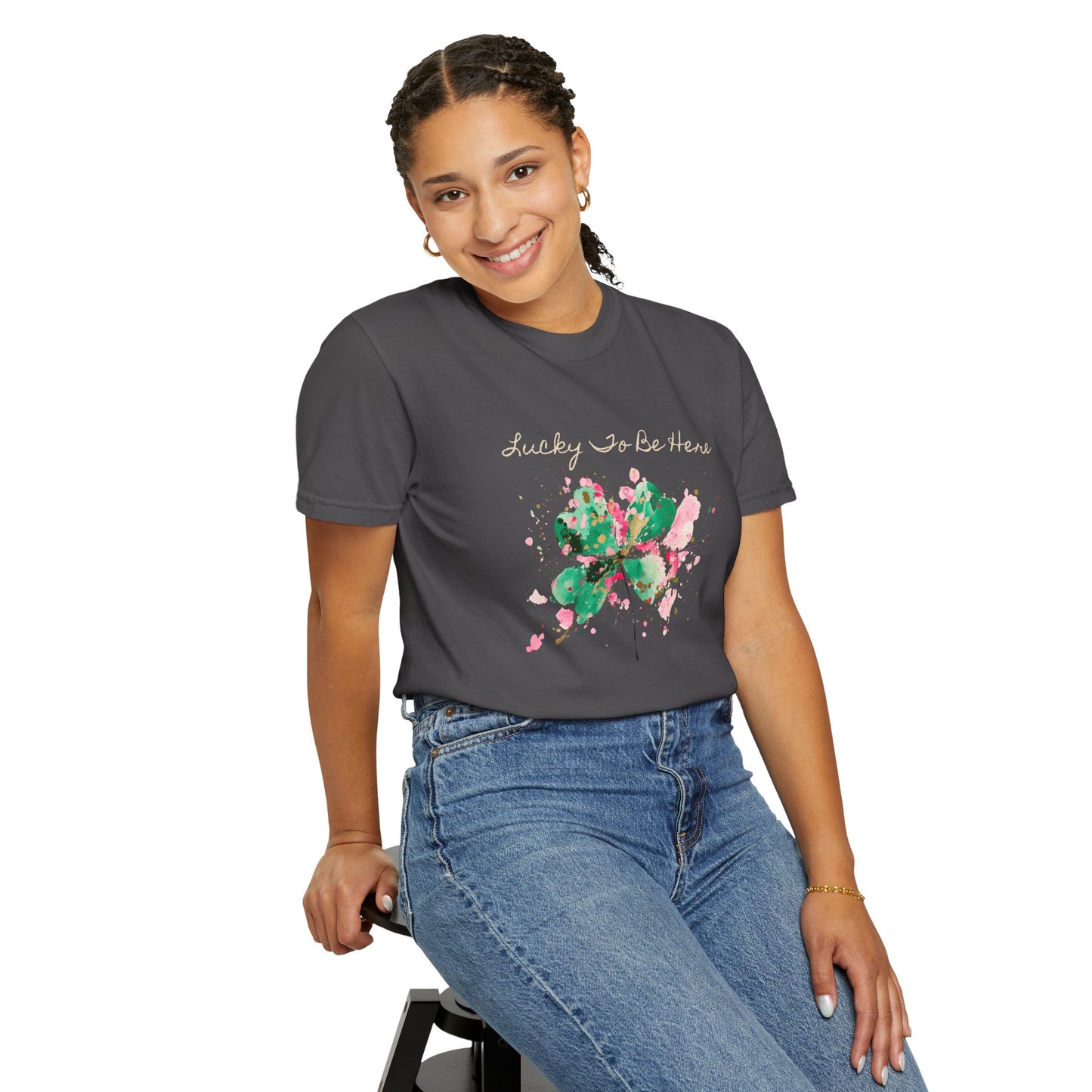St. Patrick's Day, Lucky To Be Here T-Shirt - Floral Four-Leaf Clover Graphic