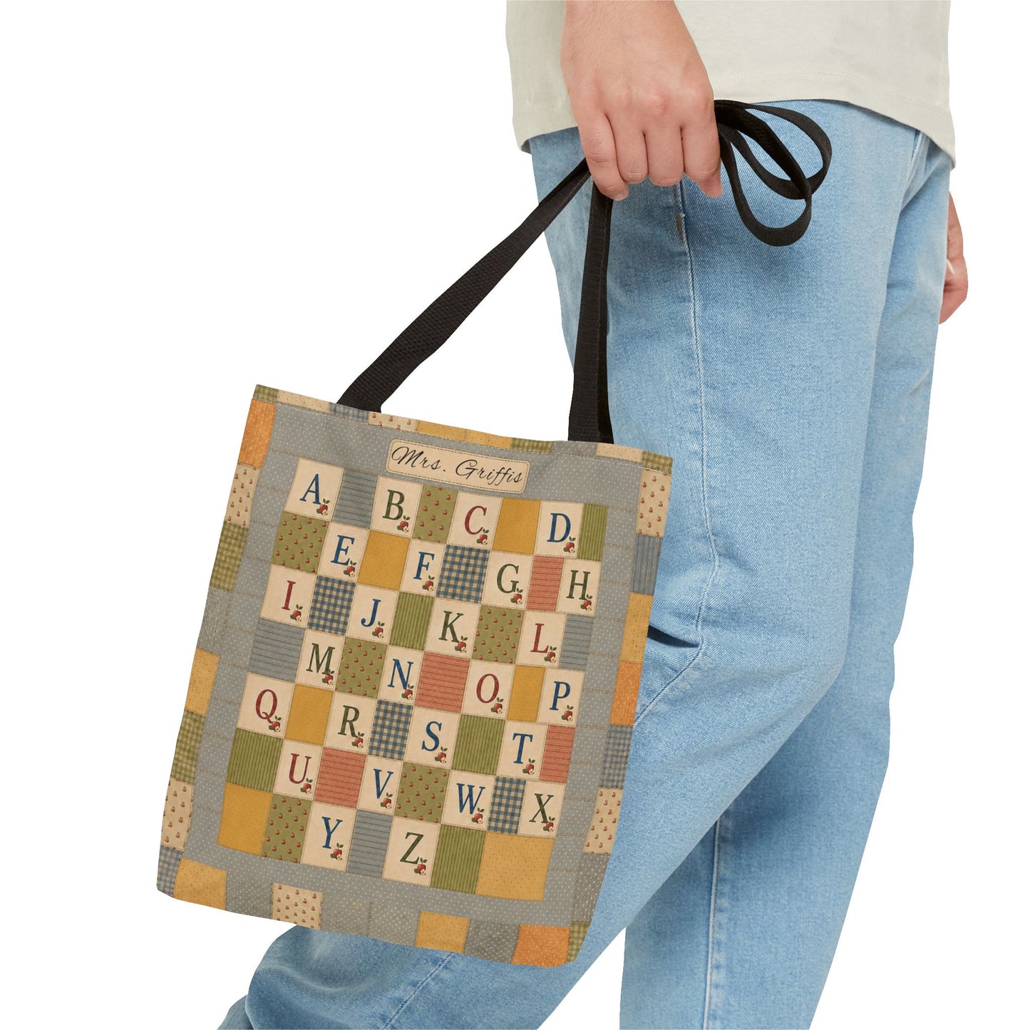 Personalized Teacher Tote Bag, Custom Name Alphabet Quilt Bag, Vintage ABC School Bag, Teacher Gift, Back to School Tote
