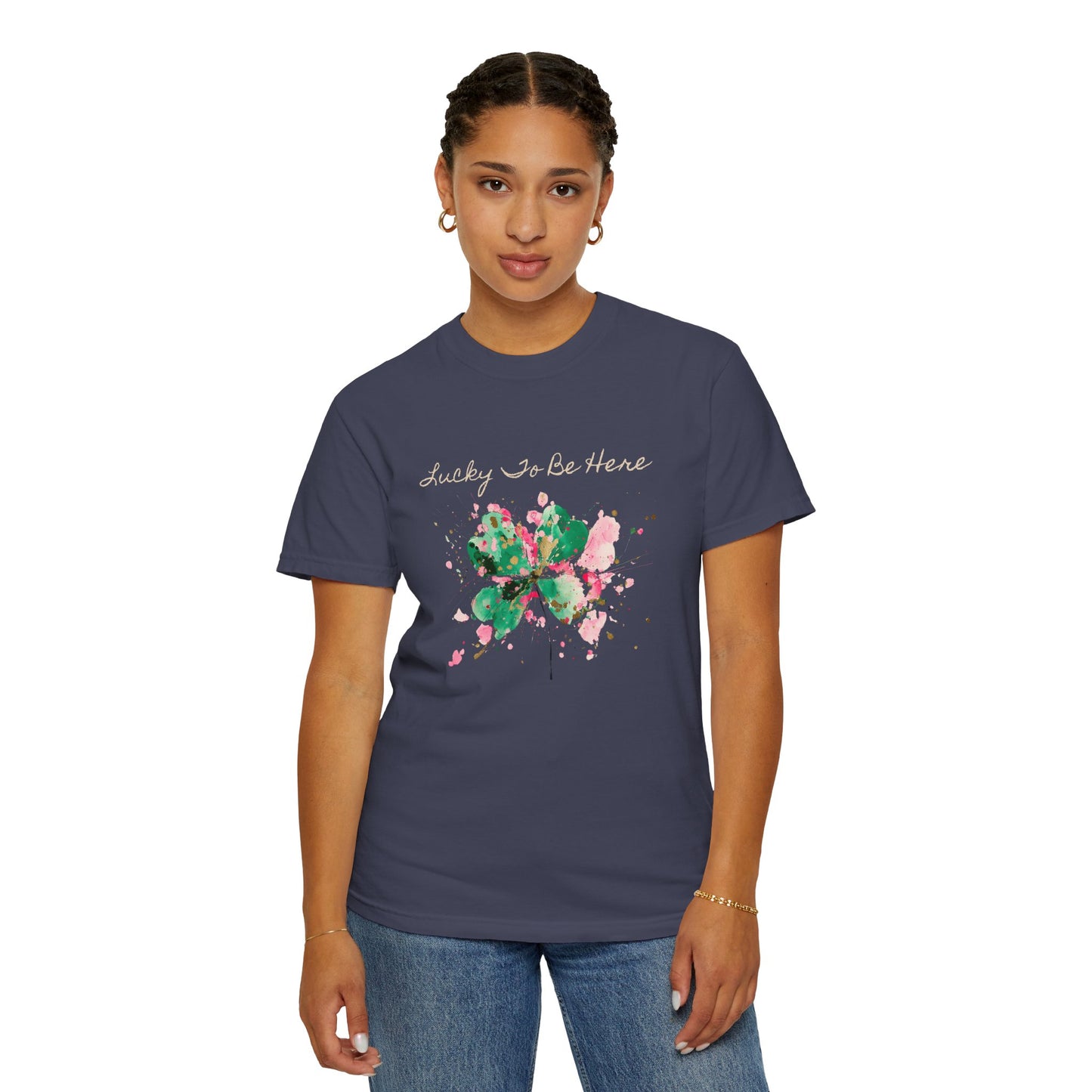 St. Patrick's Day, Lucky To Be Here T-Shirt - Floral Four-Leaf Clover Graphic