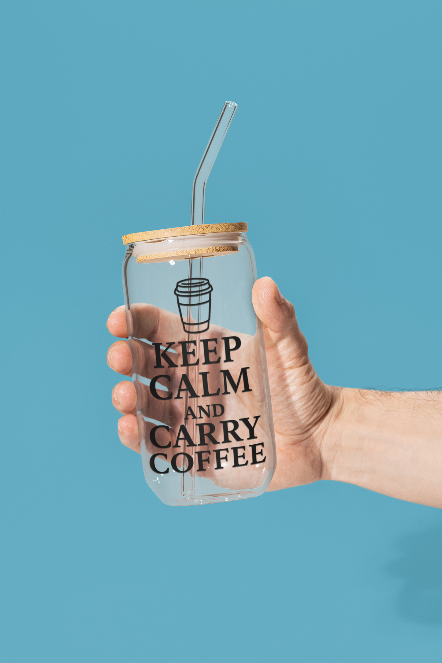 Keep Calm and Carry Coffee Glass Can | Teacher Coffee Cup with Bamboo Lid | Reusable Iced Coffee Glass | Funny Teacher Gift