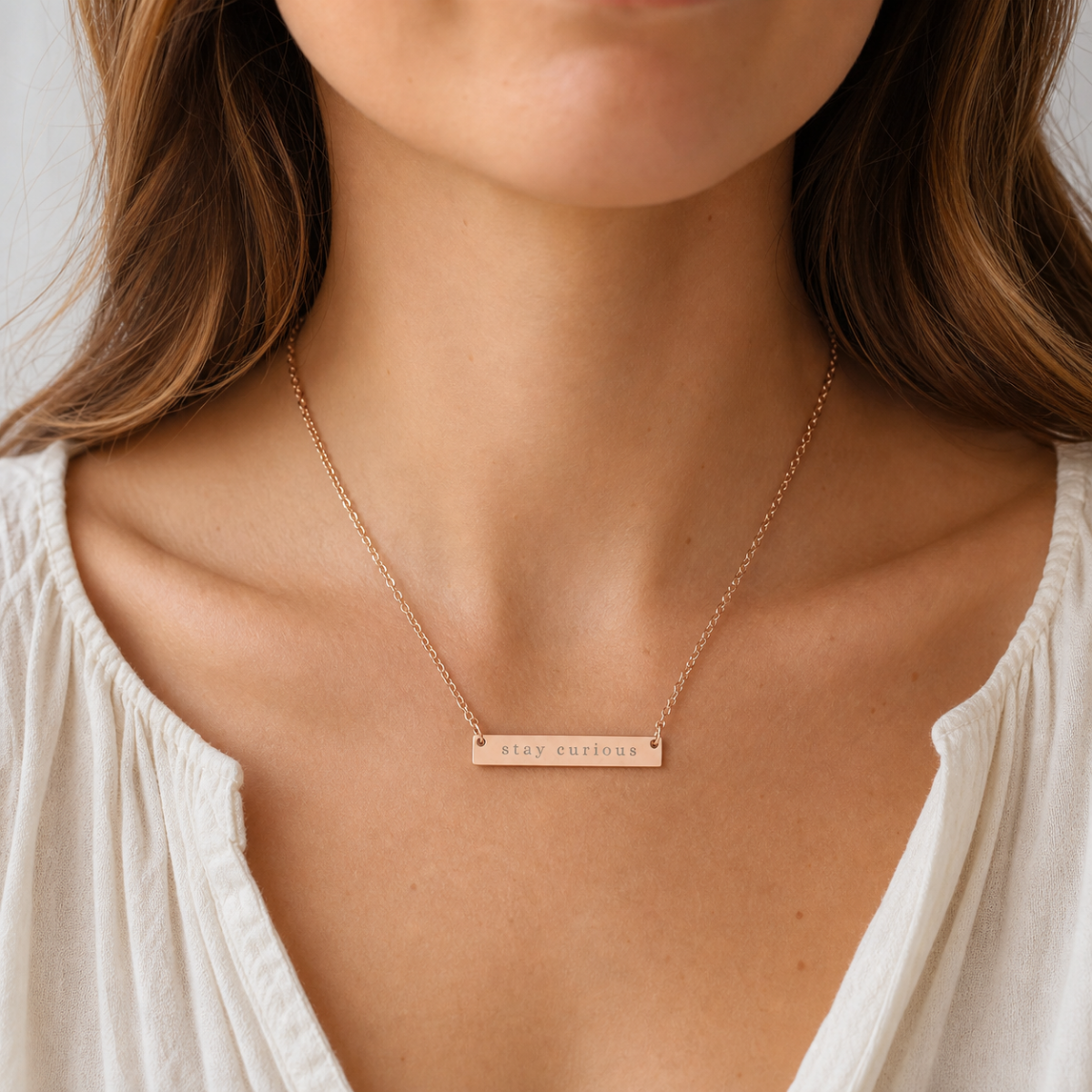 stay curious Horizontal Bar Necklace | Engraved Name Plate Necklace