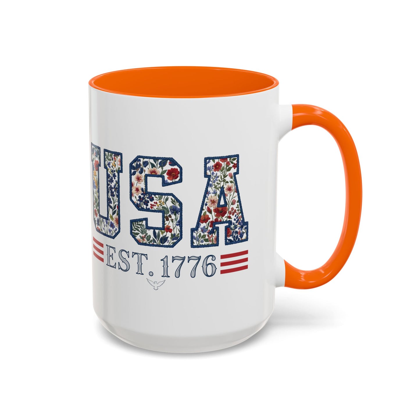Personalized Patriotic Mug, Custom Name Ceramic Coffee Cup, USA Floral Accent Mug, Fourth of July Hostess Gift, 11oz 15oz