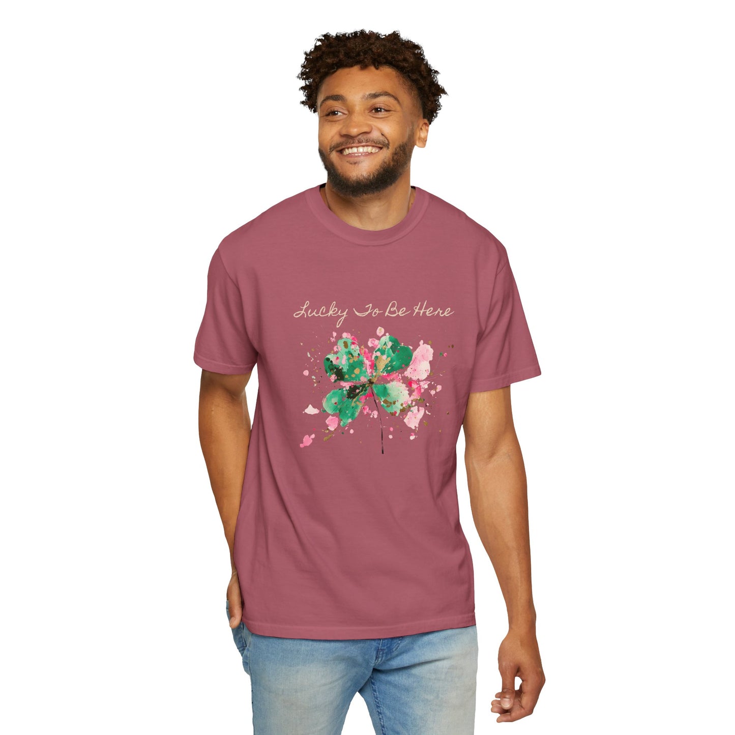 St. Patrick's Day, Lucky To Be Here T-Shirt - Floral Four-Leaf Clover Graphic
