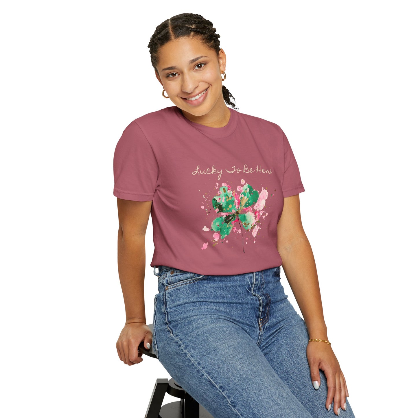 St. Patrick's Day, Lucky To Be Here T-Shirt - Floral Four-Leaf Clover Graphic