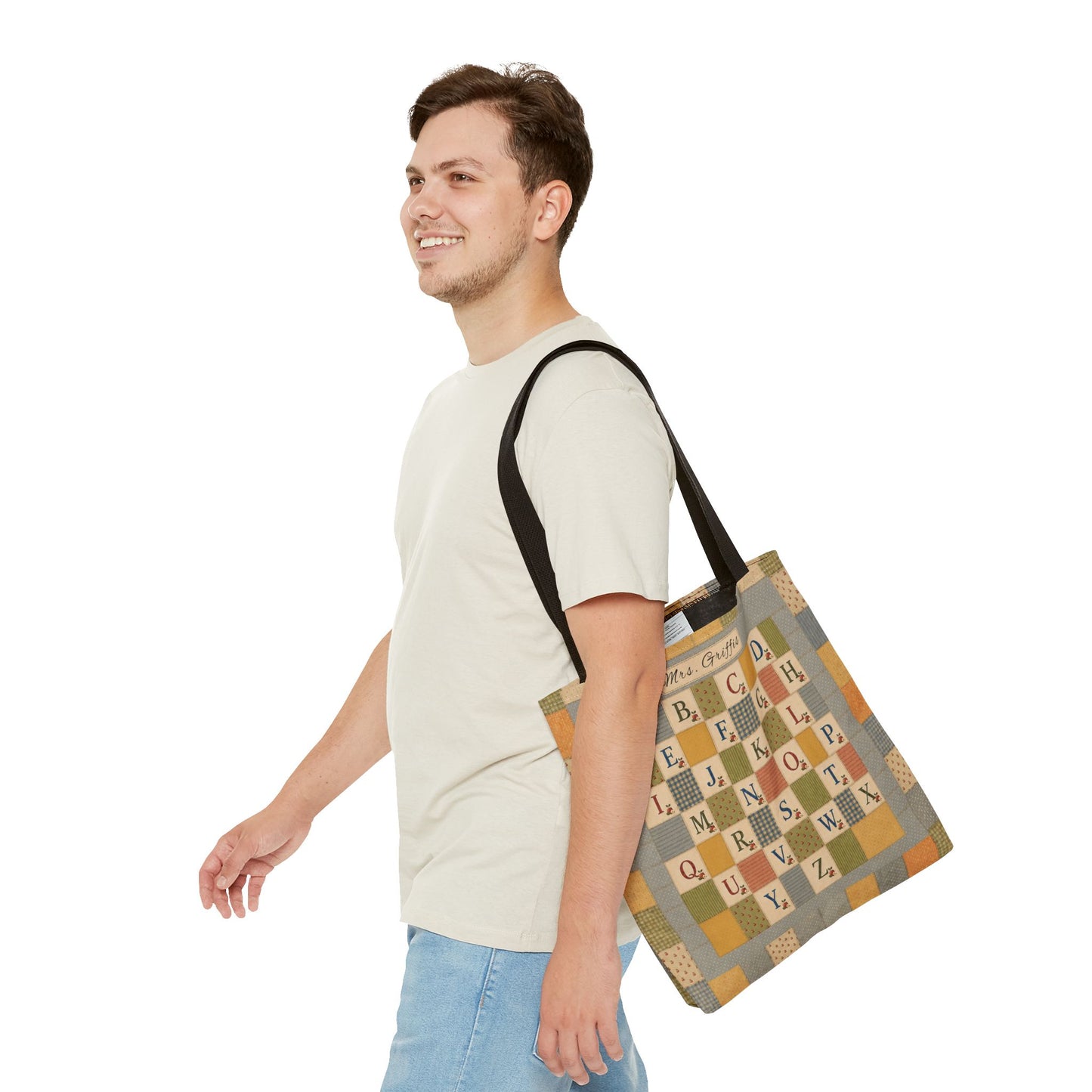 Personalized Teacher Tote Bag, Custom Name Alphabet Quilt Bag, Vintage ABC School Bag, Teacher Gift, Back to School Tote