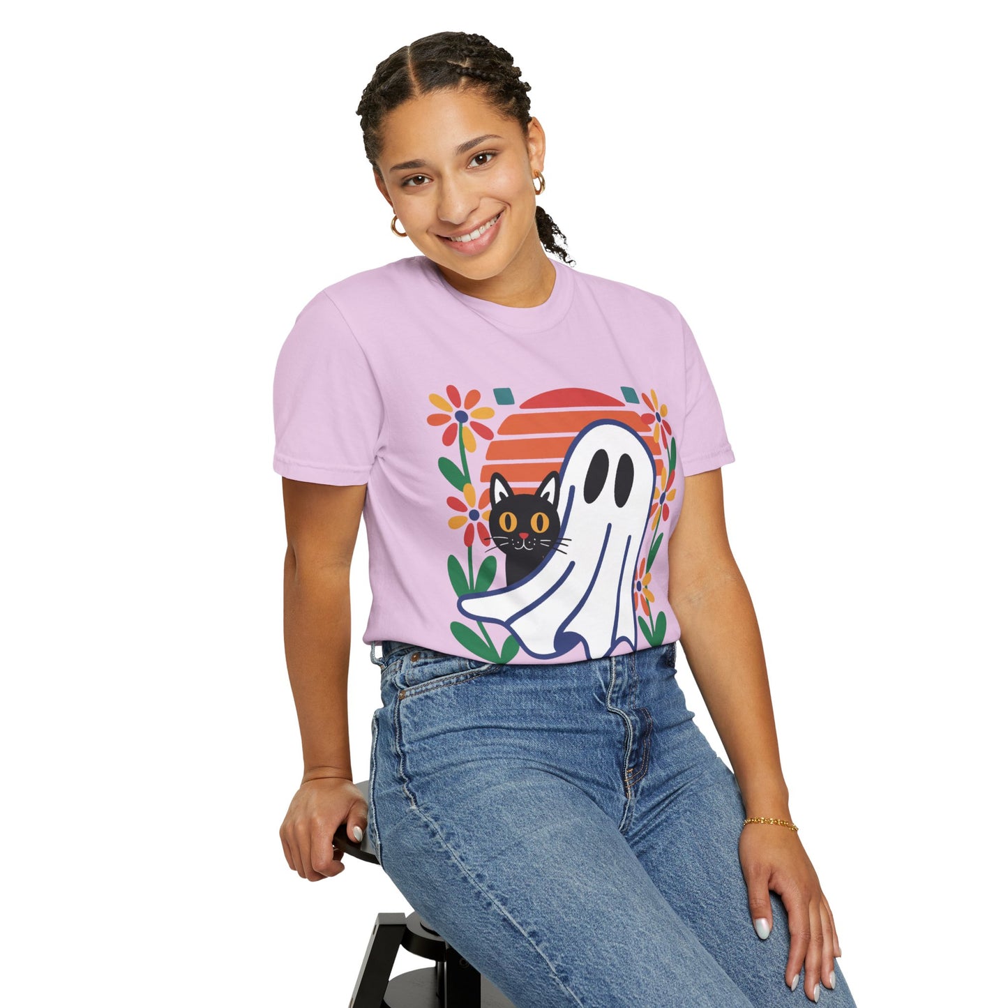 Retro Ghost & Cat Halloween T-shirt | Comfort Colors® Fall Tee