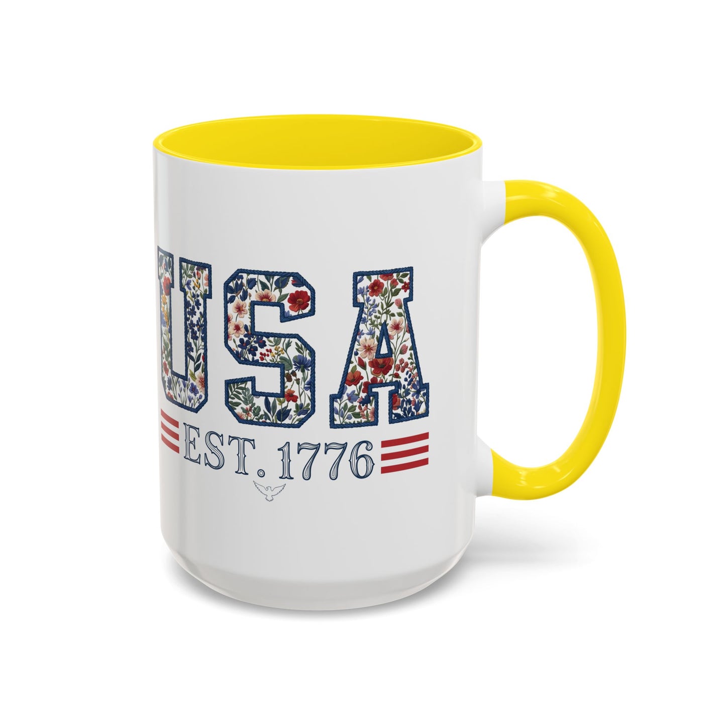 Personalized Patriotic Mug, Custom Name Ceramic Coffee Cup, USA Floral Accent Mug, Fourth of July Hostess Gift, 11oz 15oz