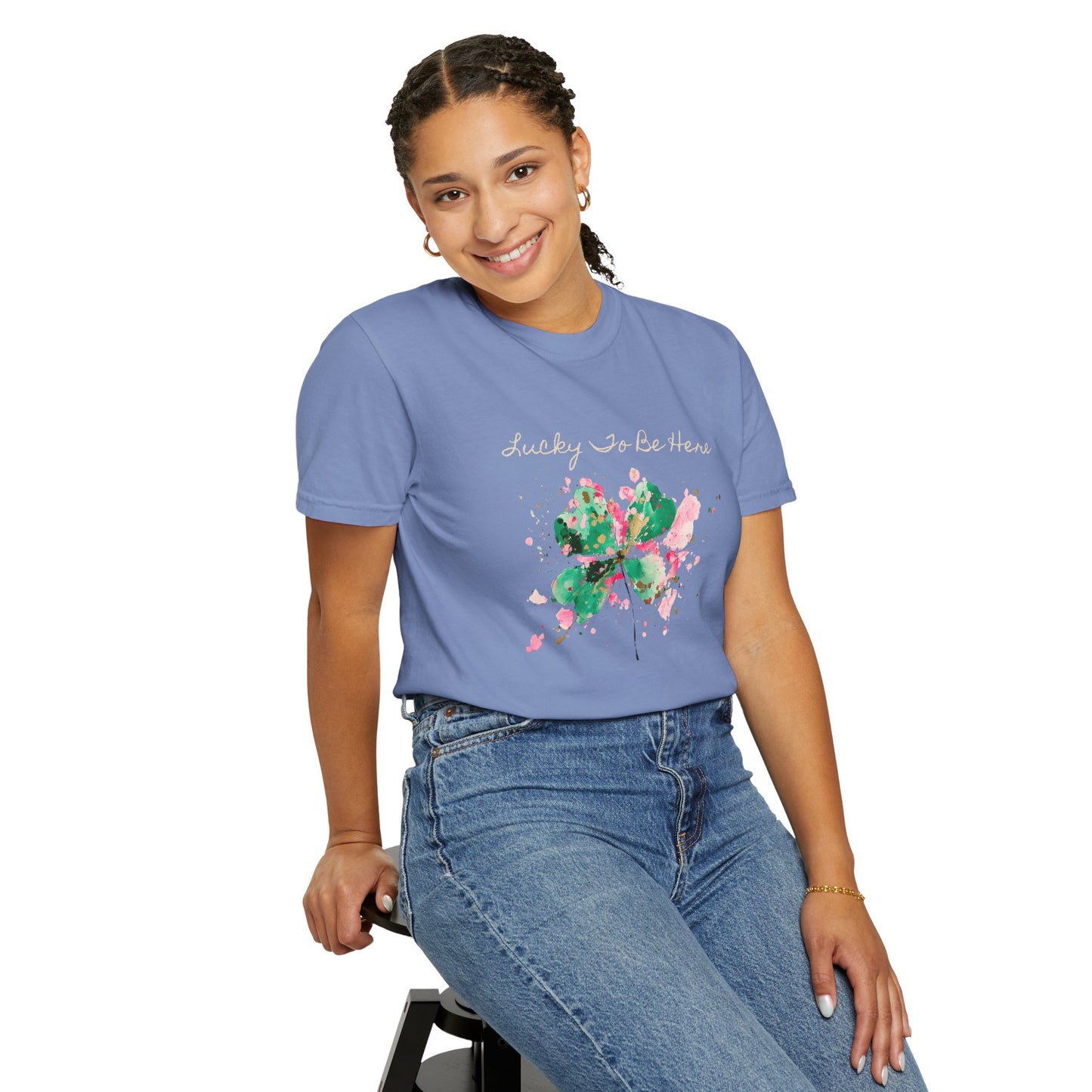 St. Patrick's Day, Lucky To Be Here T-Shirt - Floral Four-Leaf Clover Graphic