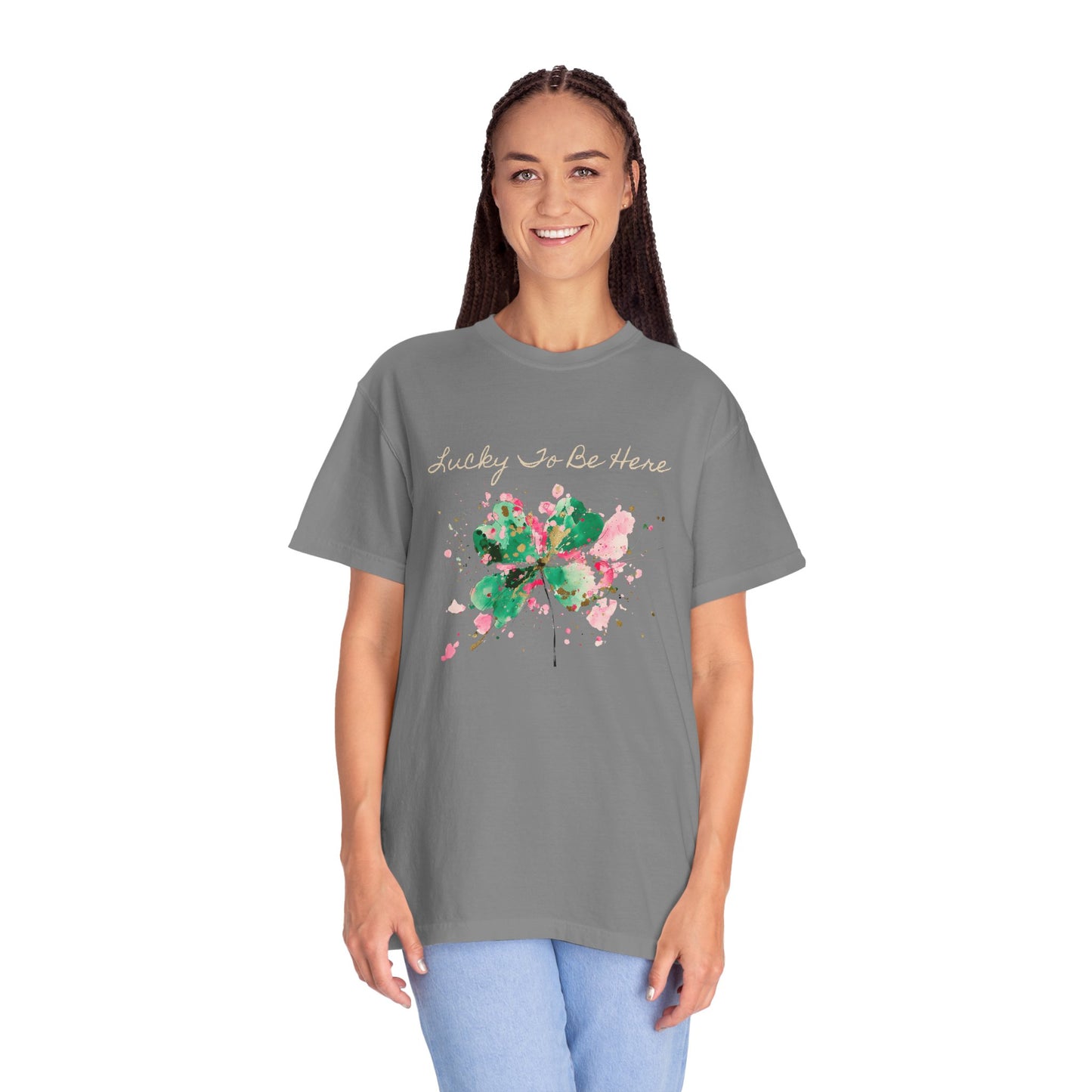 St. Patrick's Day, Lucky To Be Here T-Shirt - Floral Four-Leaf Clover Graphic