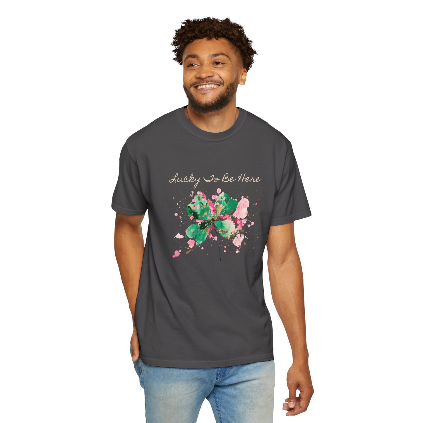 St. Patrick's Day, Lucky To Be Here T-Shirt - Floral Four-Leaf Clover Graphic