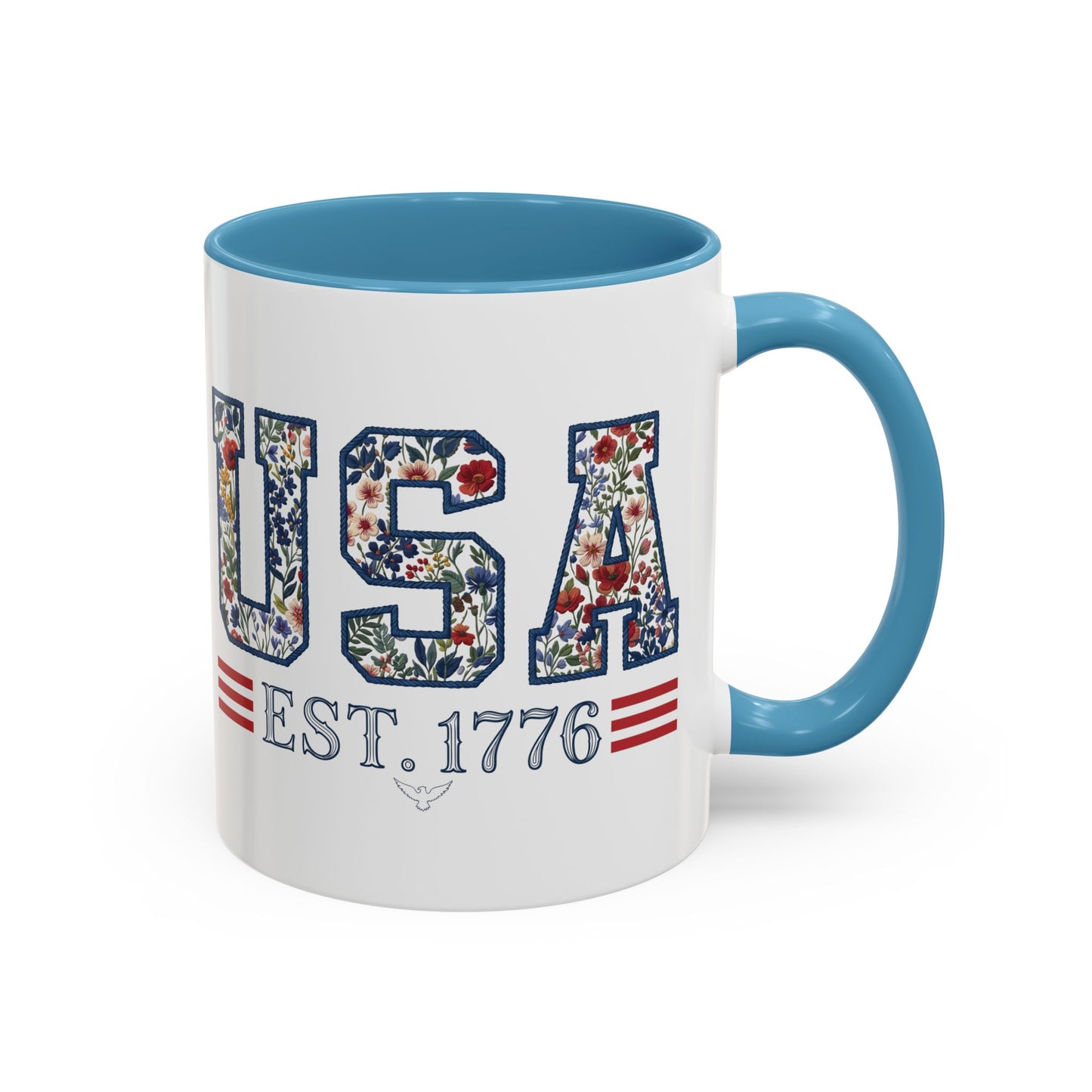 Personalized Patriotic Mug, Custom Name Ceramic Coffee Cup, USA Floral Accent Mug, Fourth of July Hostess Gift, 11oz 15oz