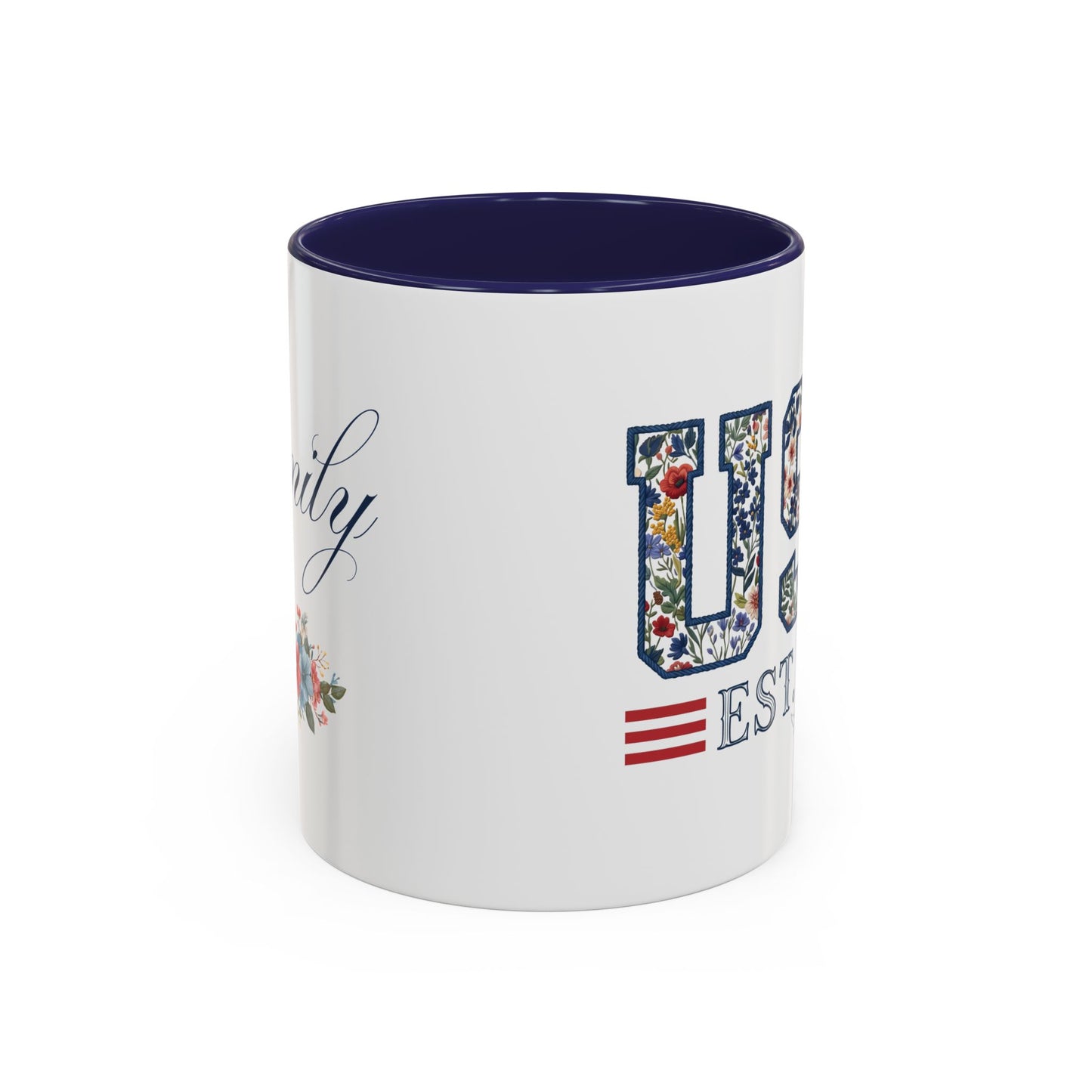 Personalized Patriotic Mug, Custom Name Ceramic Coffee Cup, USA Floral Accent Mug, Fourth of July Hostess Gift, 11oz 15oz