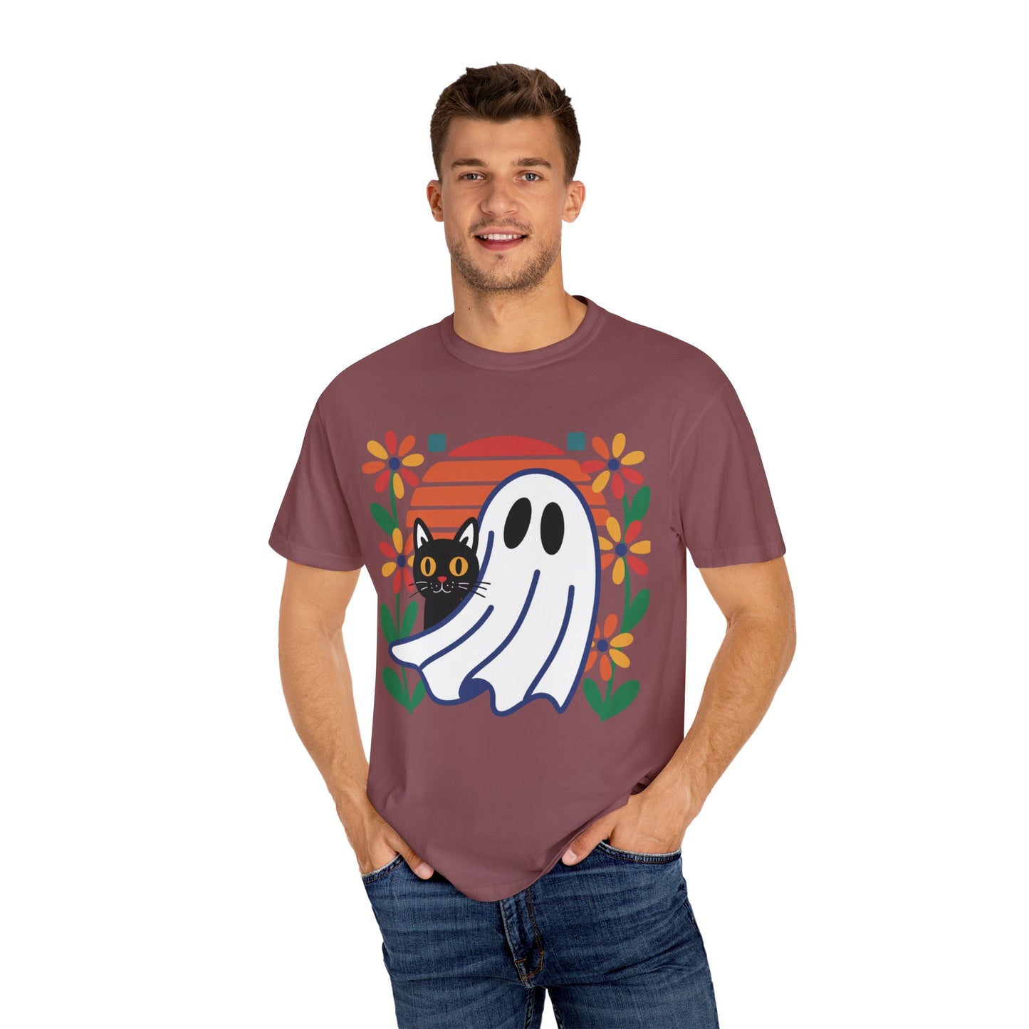 Retro Ghost & Cat Halloween T-shirt | Comfort Colors® Fall Tee