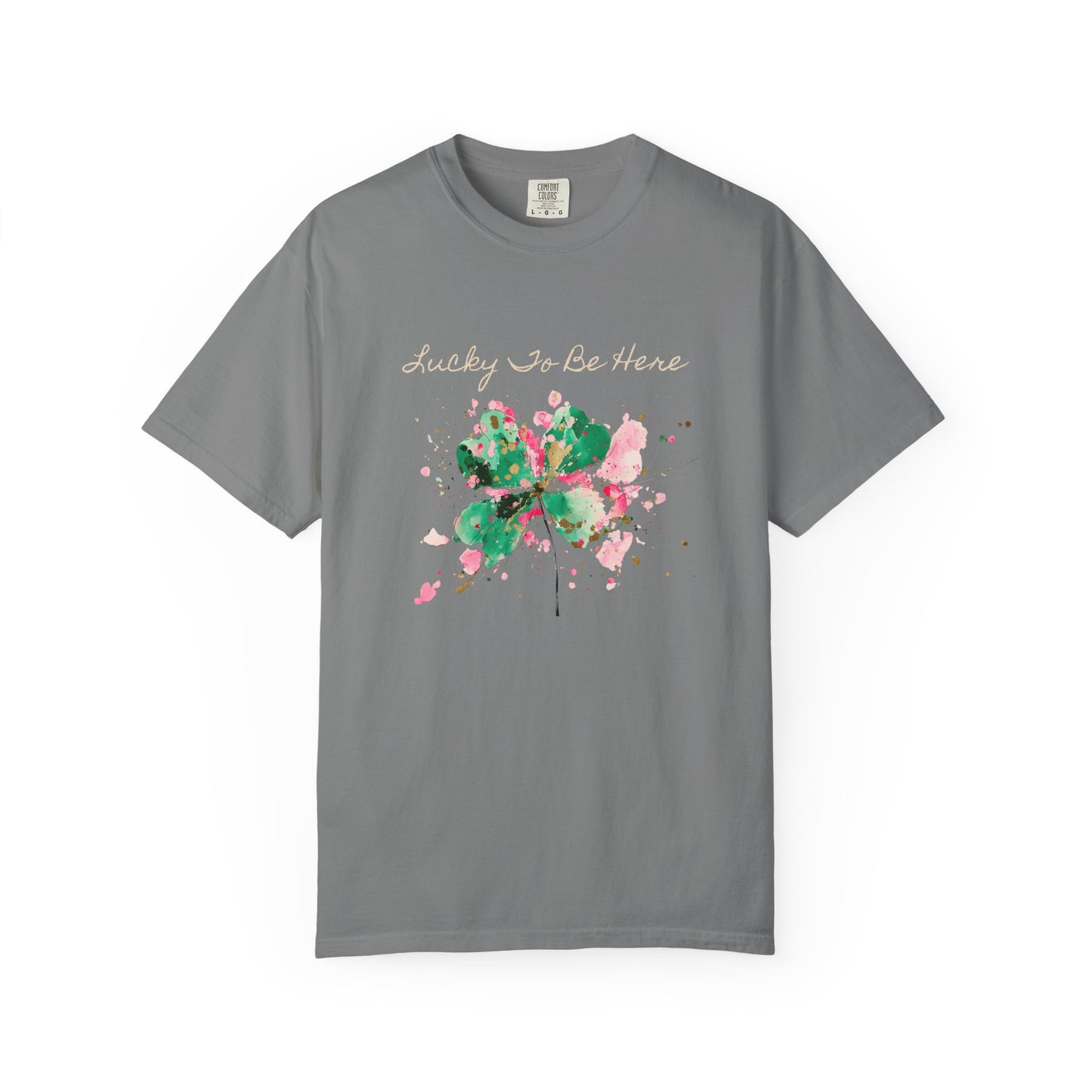 St. Patrick's Day, Lucky To Be Here T-Shirt - Floral Four-Leaf Clover Graphic