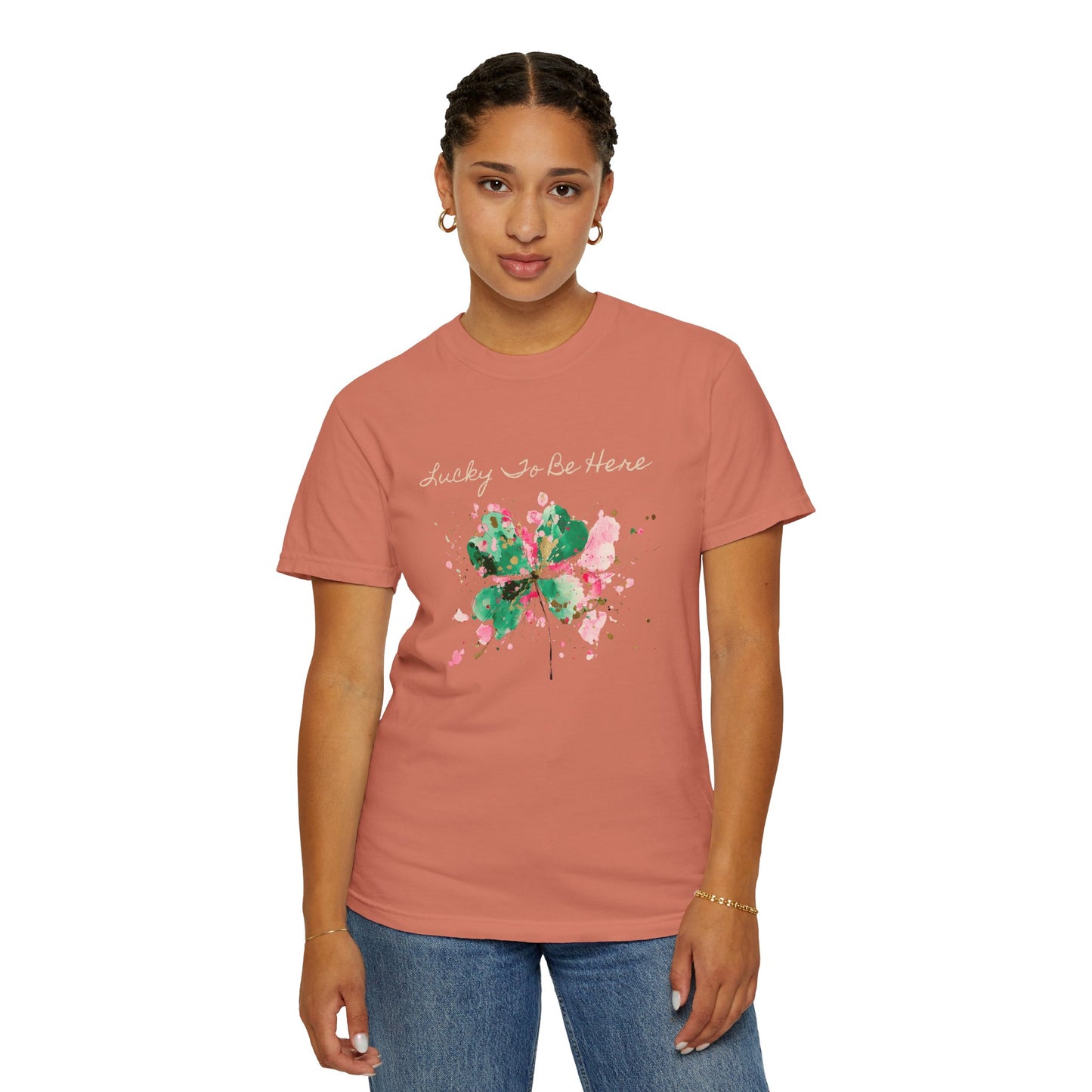 St. Patrick's Day, Lucky To Be Here T-Shirt - Floral Four-Leaf Clover Graphic